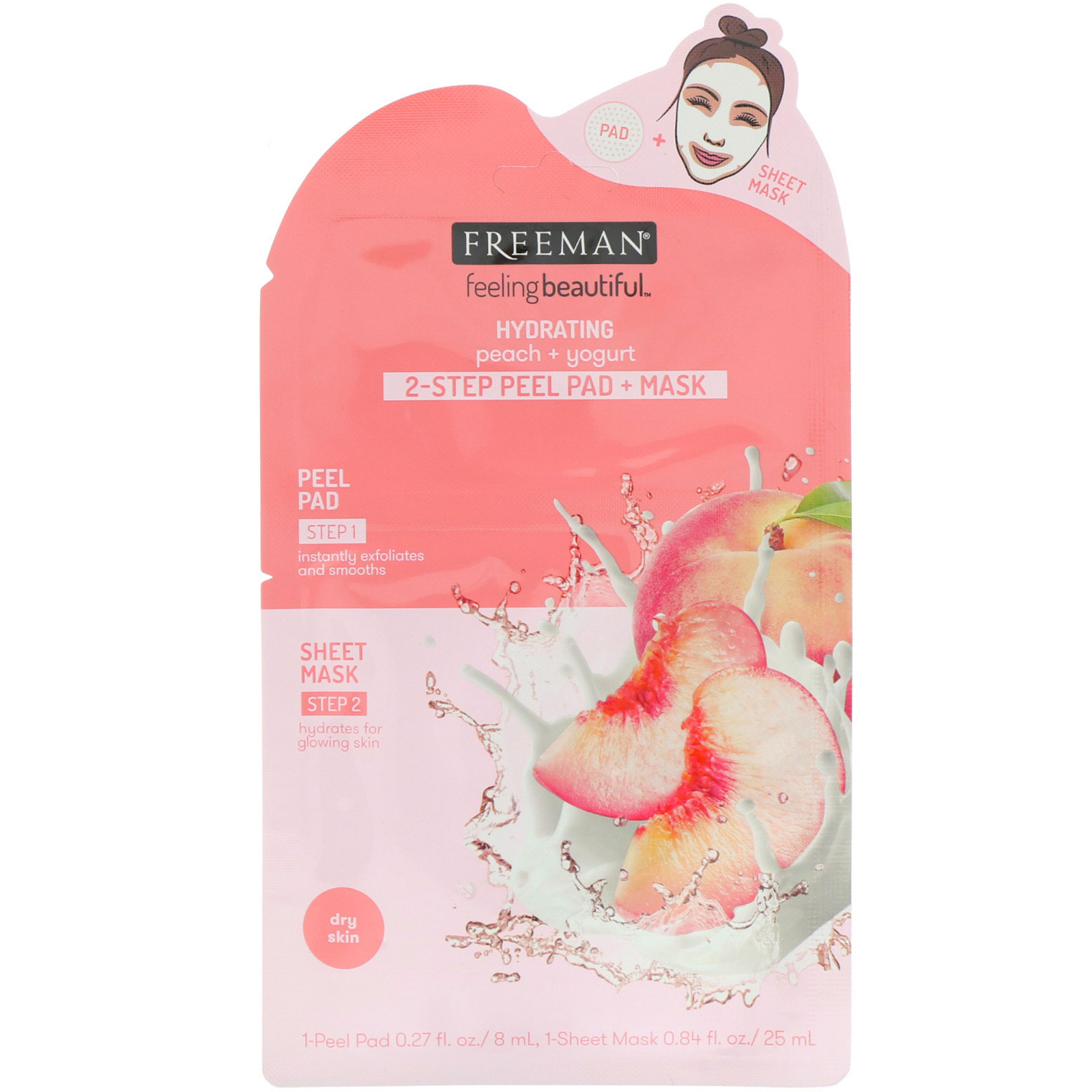 Freeman Beauty, Feeling Beautiful, подушечки для пилинга + маска для 2-этапной процедуры, увлажняющие, персик + йогурт, 1 подушечка для пилинга и 1 маска-салфетка