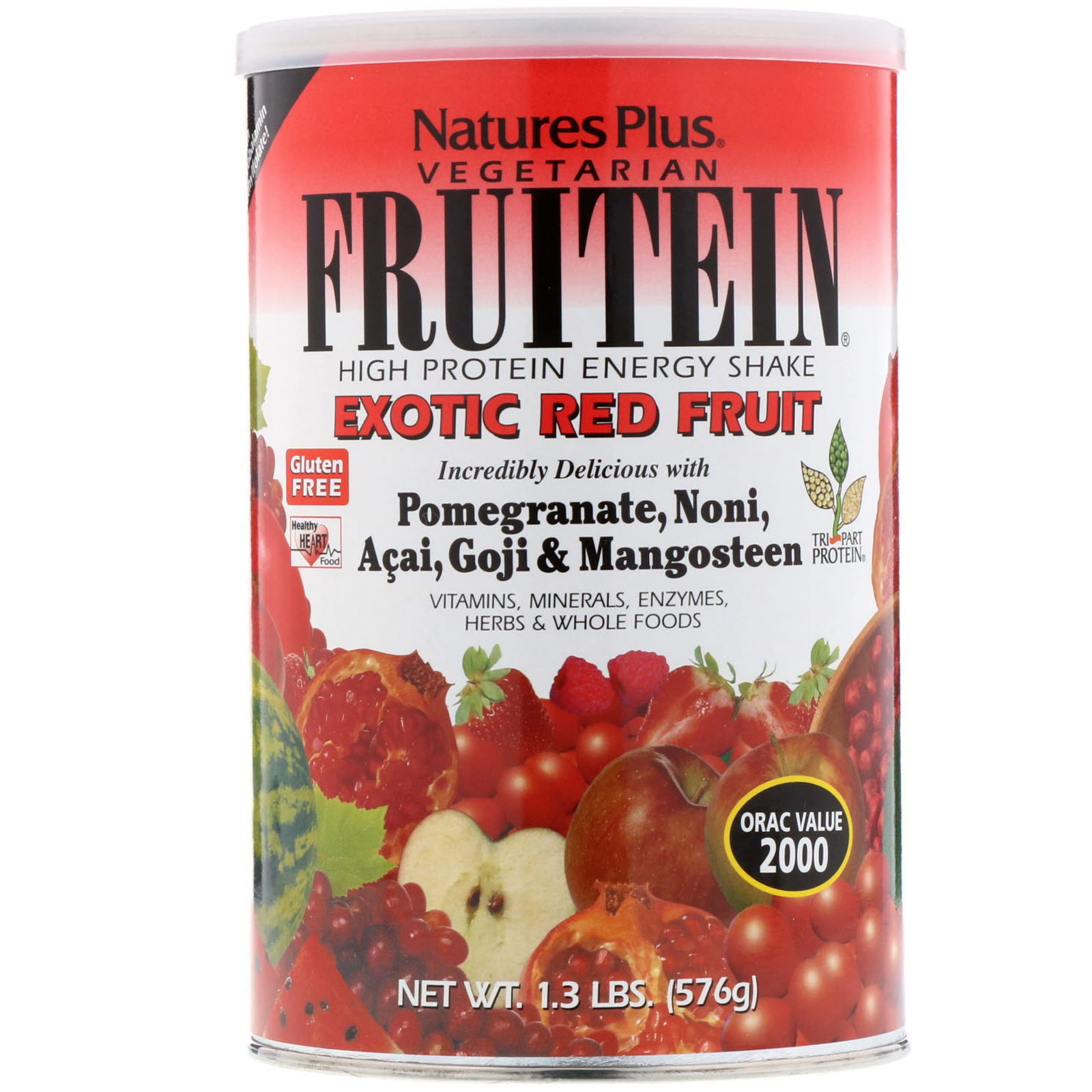 Nature's Plus, Фрутеин, энергетический коктейль с высоким содержанием белка, экзотические красные фрукты, 1,3 фунта (576 г)