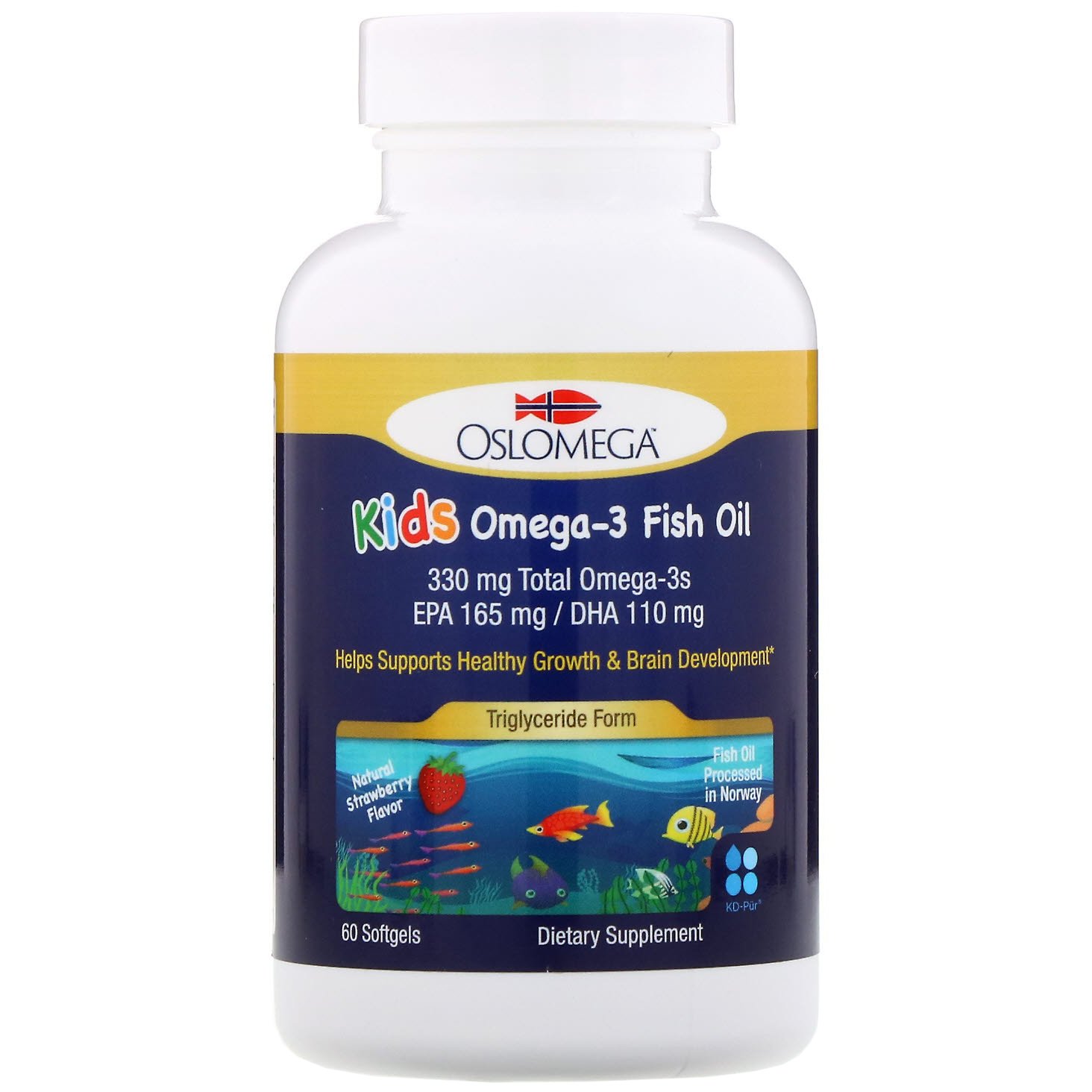 Oslomega, Норвежская серия, рыбий жир с омега-3 для детей, 165 мг ЭПК, 110 мг ДГК, клубничный вкус, 60 мягких таблеток