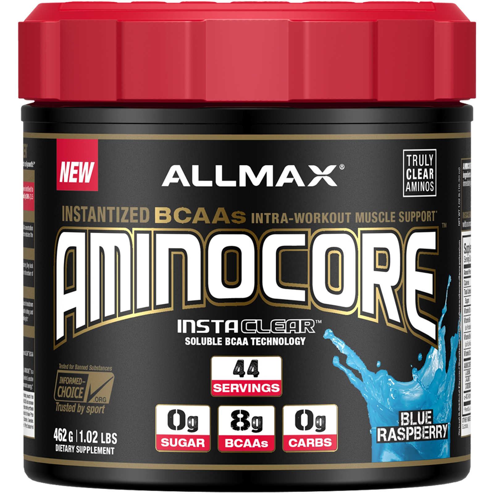 ALLMAX Nutrition, AMINOCORE, BCAA, 8 г аминокислот с разветвлённой цепью, 100% чистый продукт, соотношение аминокислот 45:30:25, без глютена, голубая малина, 1,02 ф (462 г)