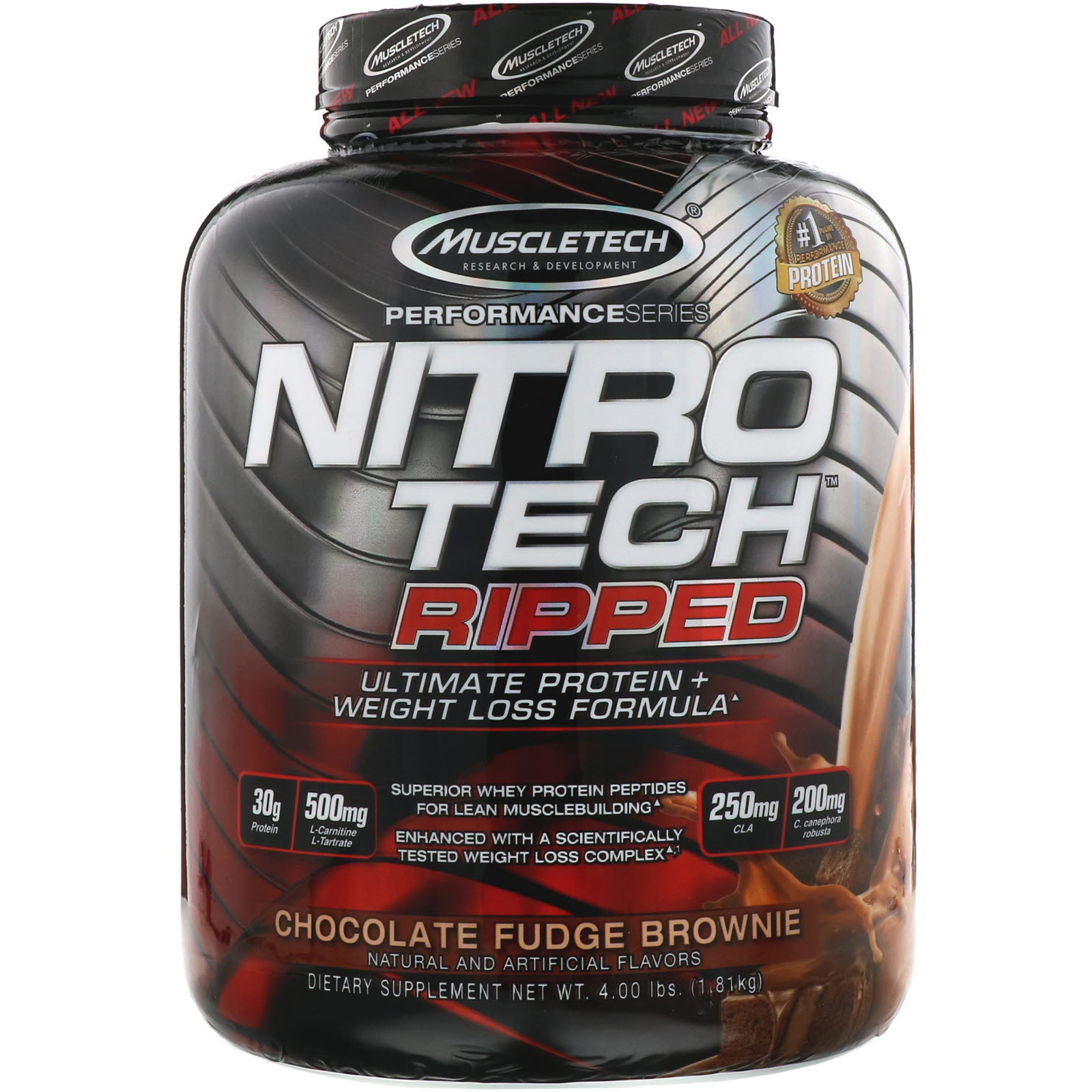 Muscletech, Nitro Tech, Ripped, Ultimate Protein + Weight Loss Formula, Whey Protein Powder, Chocolate Fudge Brownie, 4 lbs (1.81 kg)