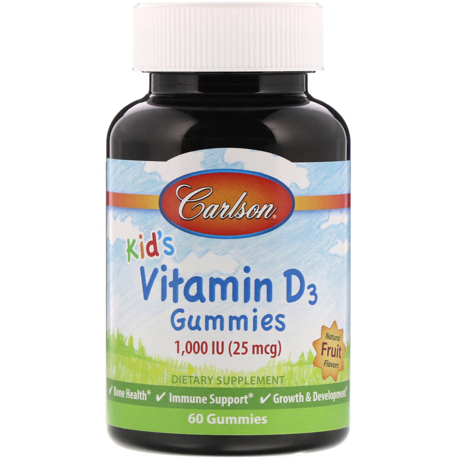 Carlson Labs, Kid's Vitamin D3 Gummies, Natural Fruit Flavors, 1,000 IU, 60 Gummies