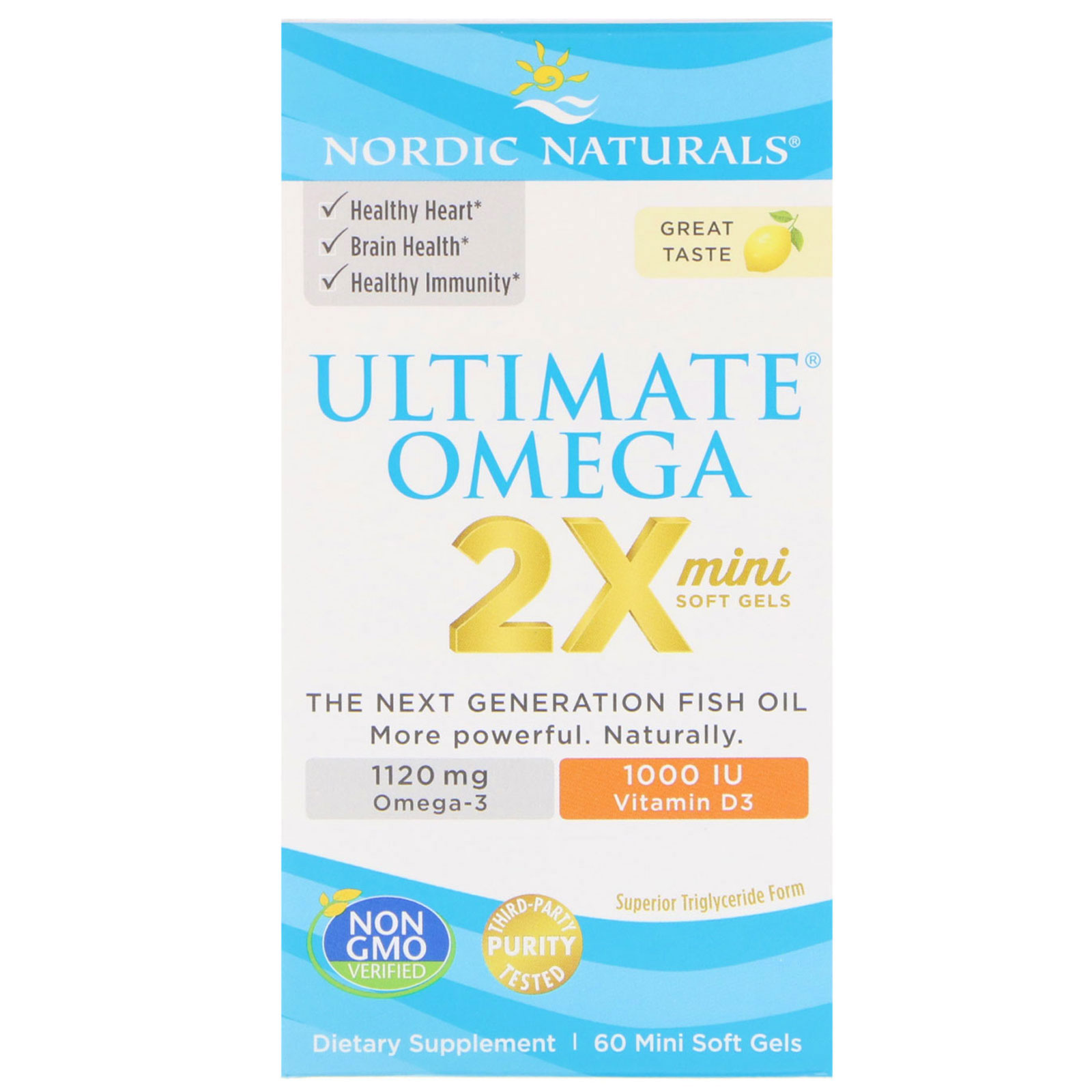 Nordic Naturals, Ultimate Omega 2X с витамином D3, лимон, 60 мягких мини-таблеток