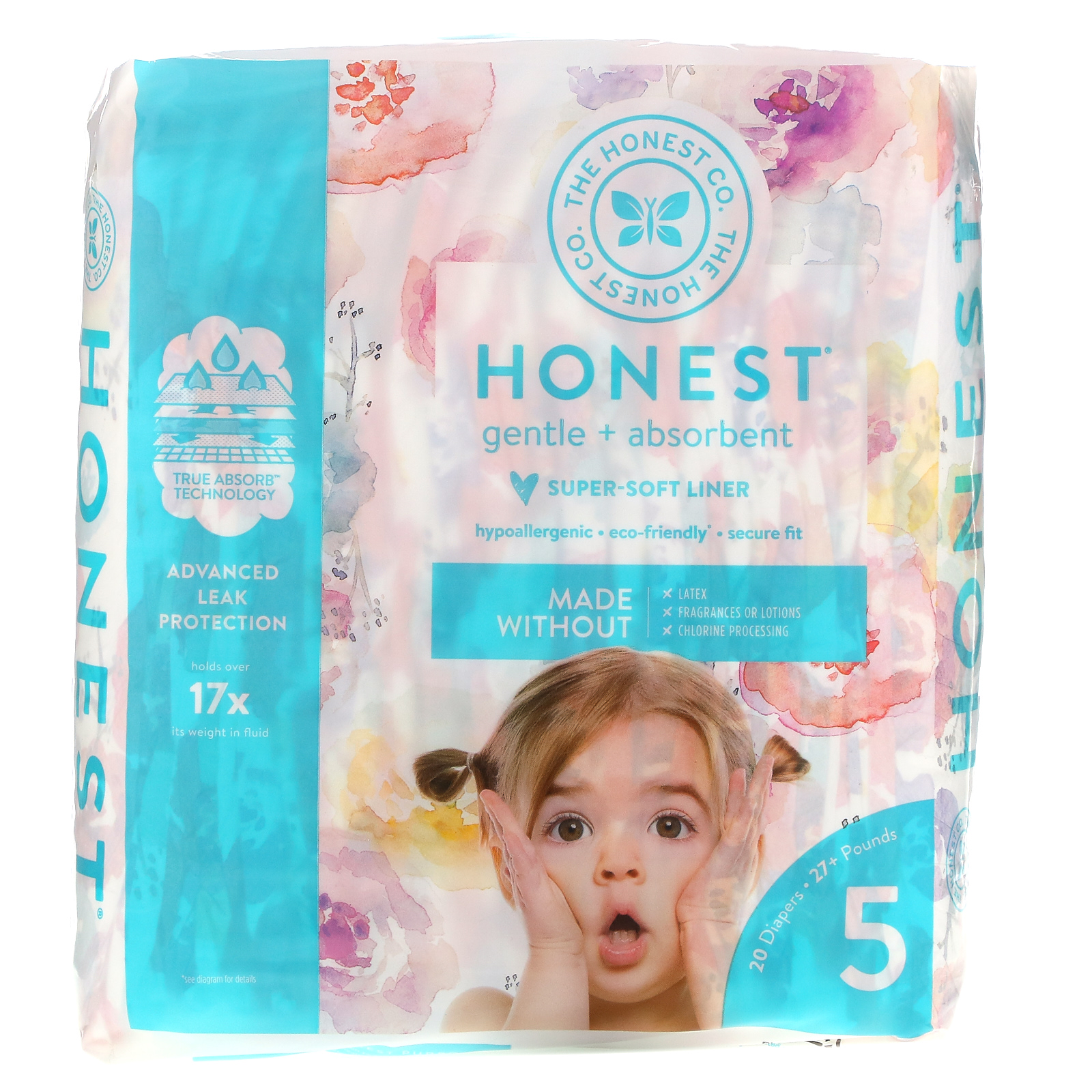 The Honest Company, Honest Diapers, Size 5, 27+ Pounds, Rose Blossom, 20 Diapers