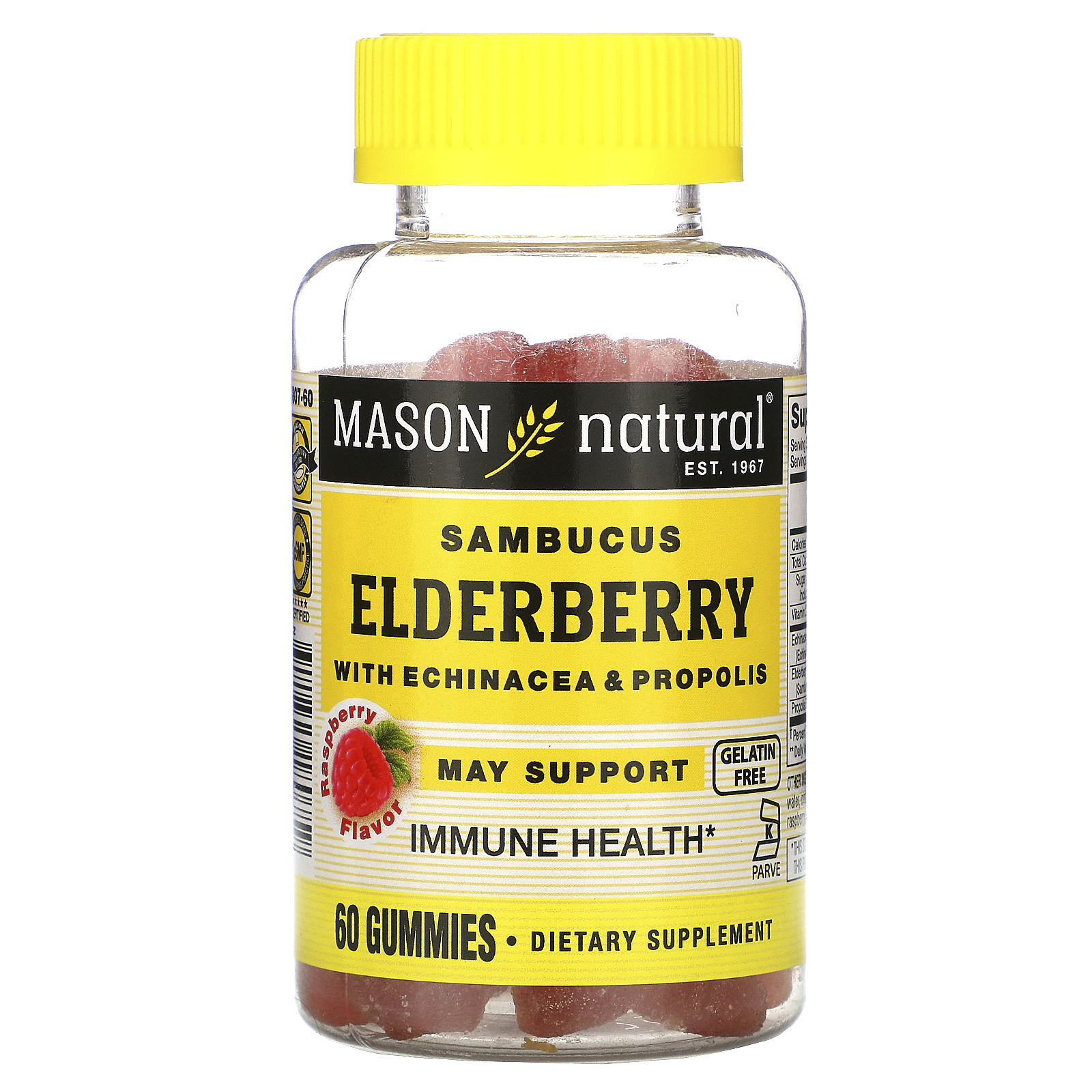 Mason Natural, Sambucus Elderberry with Echinacea &amp; Propolis, Raspberry Flavor, 60 Gummies