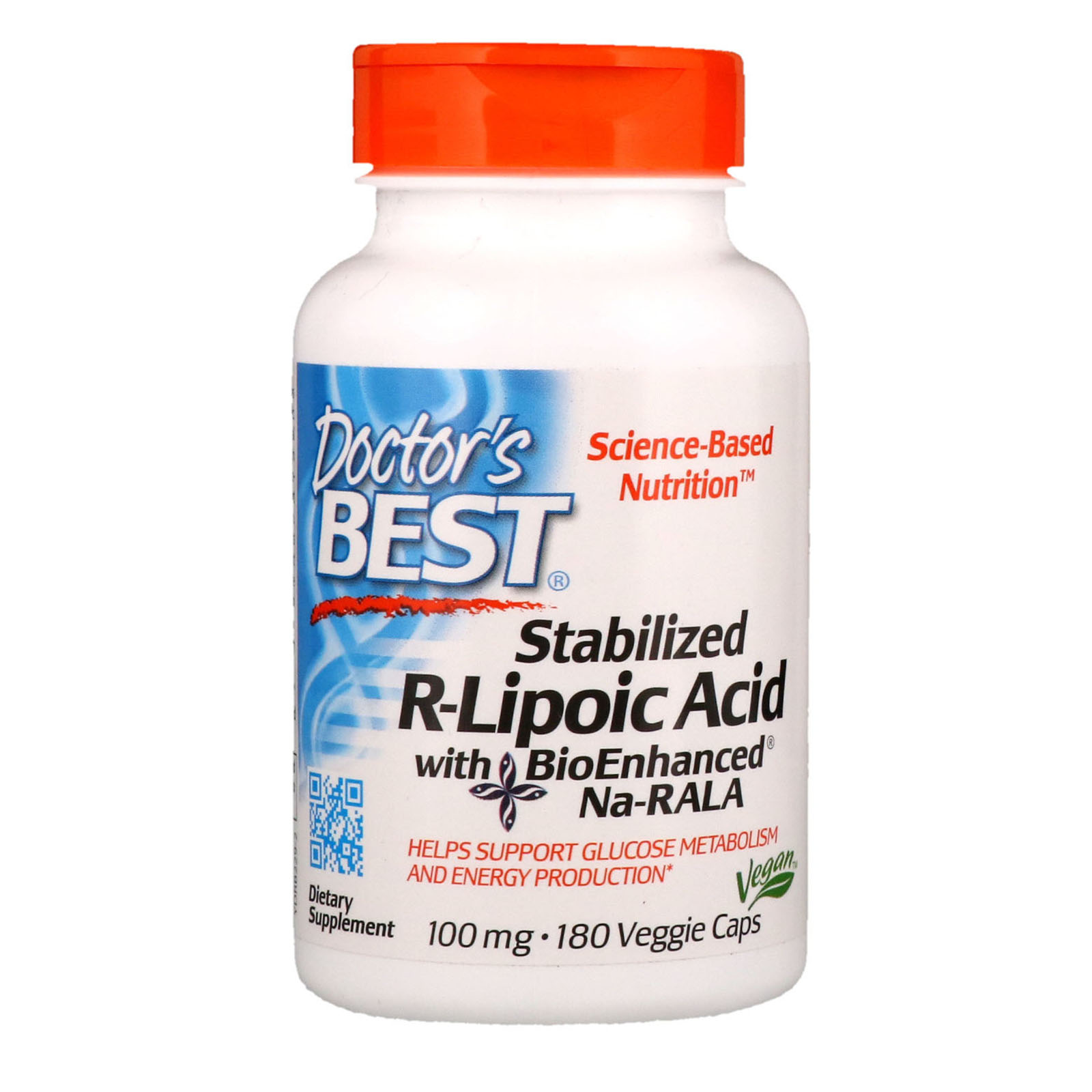 Doctor's Best, Стабилизированная R-липоевая кислота с биоулучшенной Na-RALA, 100 мг, 180 вегетарианских капсул