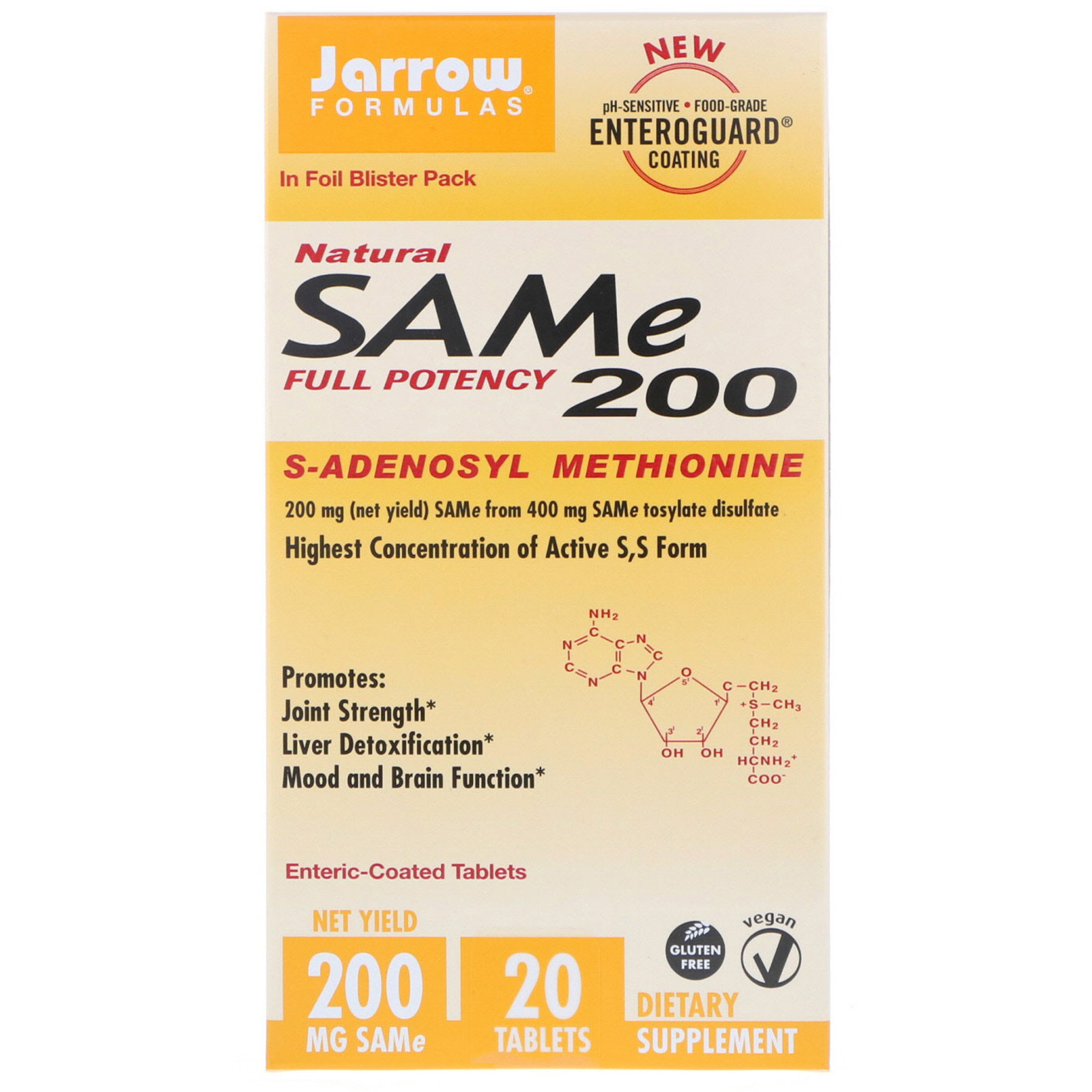 Jarrow Formulas, SAM-e (S-Adenosyl-L-Methionine) 200, 200 мг, 20 кишечнорастворимых таблеток