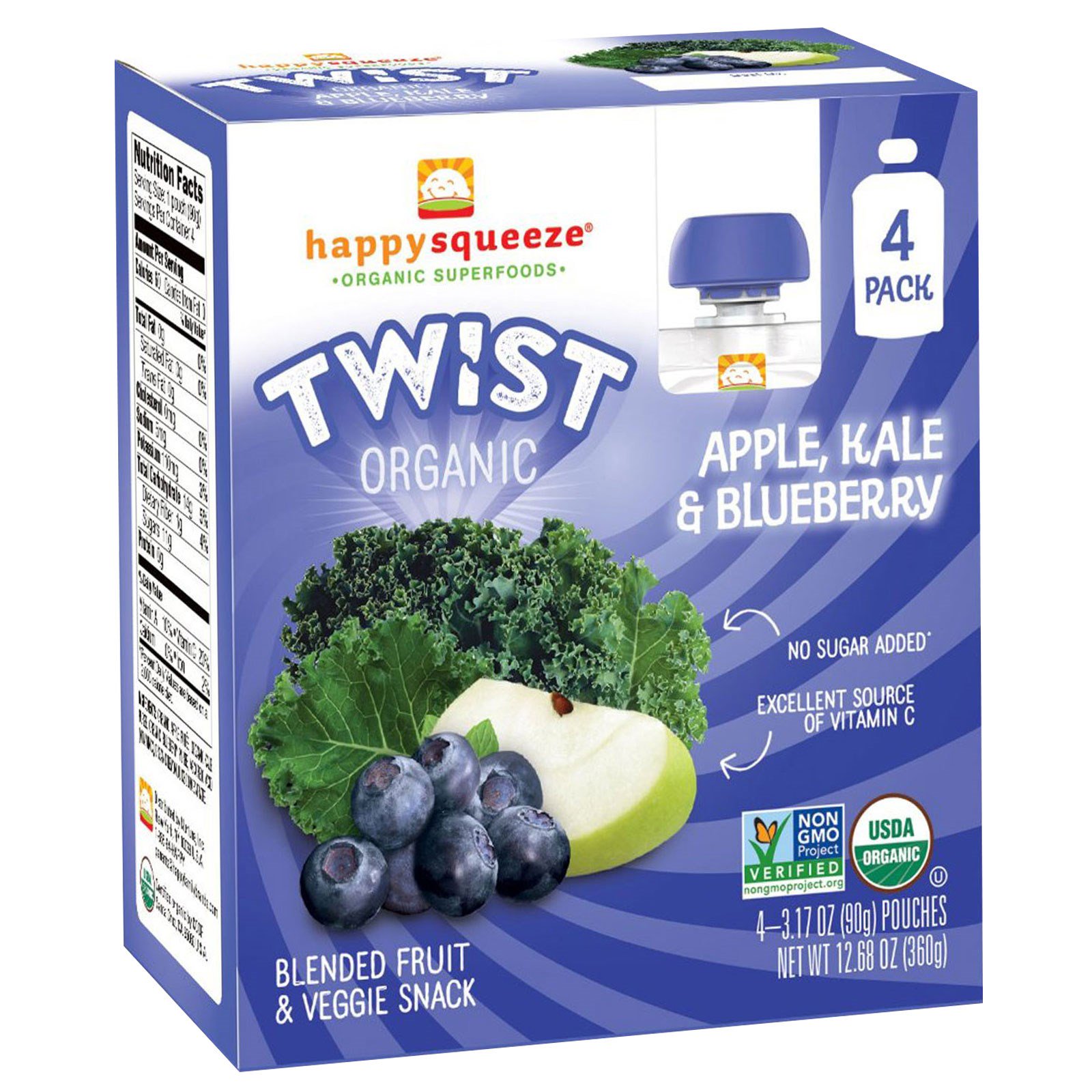 Happy Family Organics, Happy Squeeze, органические суперпродукты, Twist, органические яблоко, капуста и голубика, 4 упаковки, 3,17 унции (90 г) в каждой