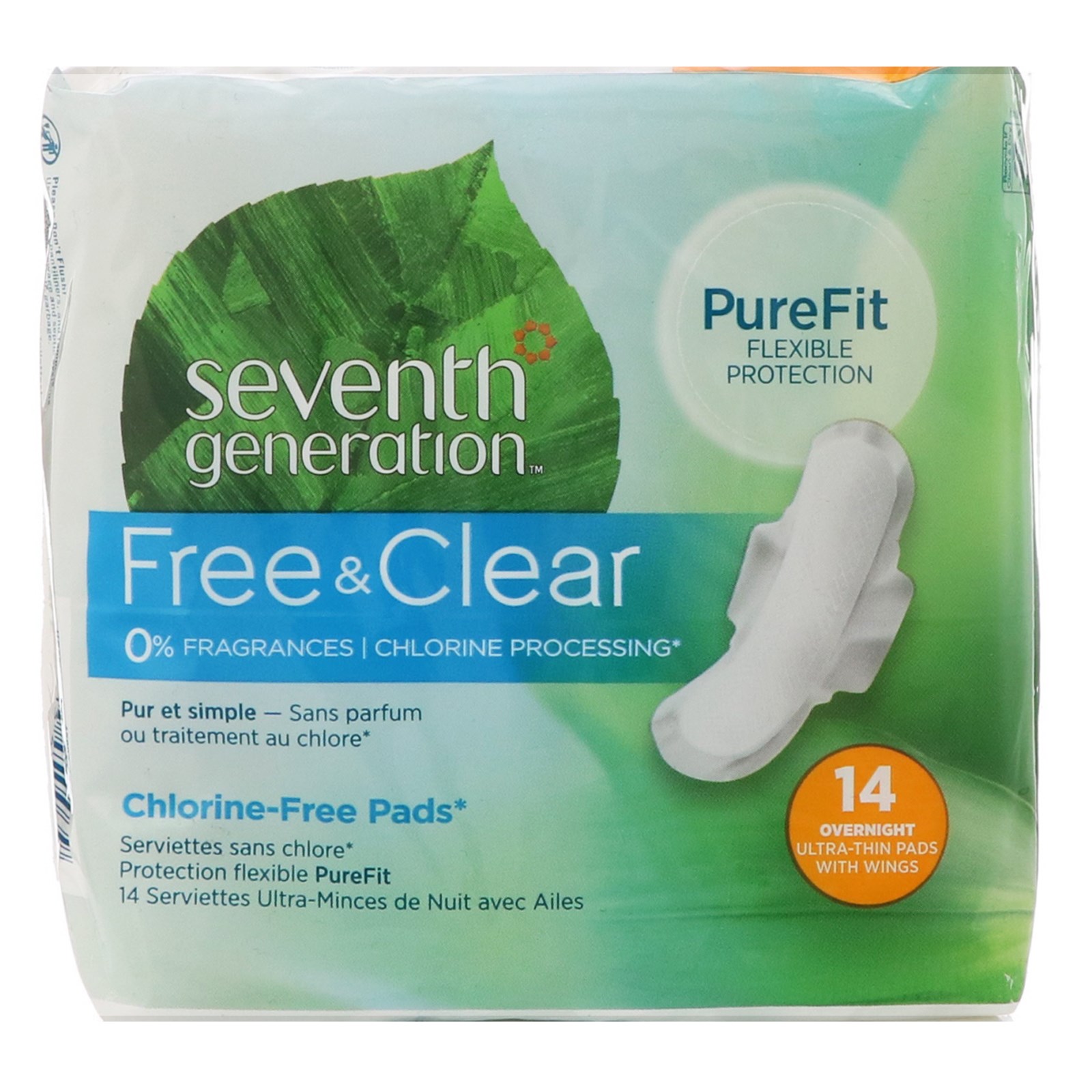 Seventh Generation, Ультратонкие прокладки с крылышками Free &amp; Clear, Overnight, 14 штук (Discontinued Item)