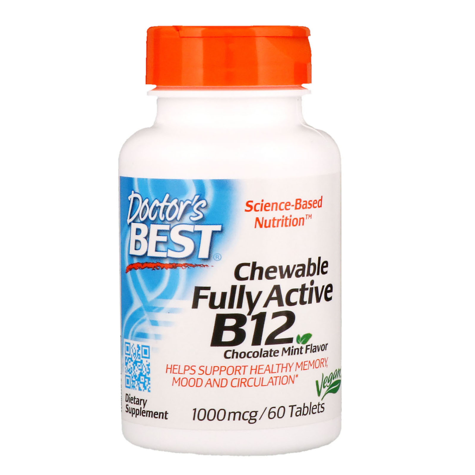 Doctor's Best, Полностью активный витамин B12 в жевательной форме, шоколад-мята, 1000 мкг, 60 таблеток