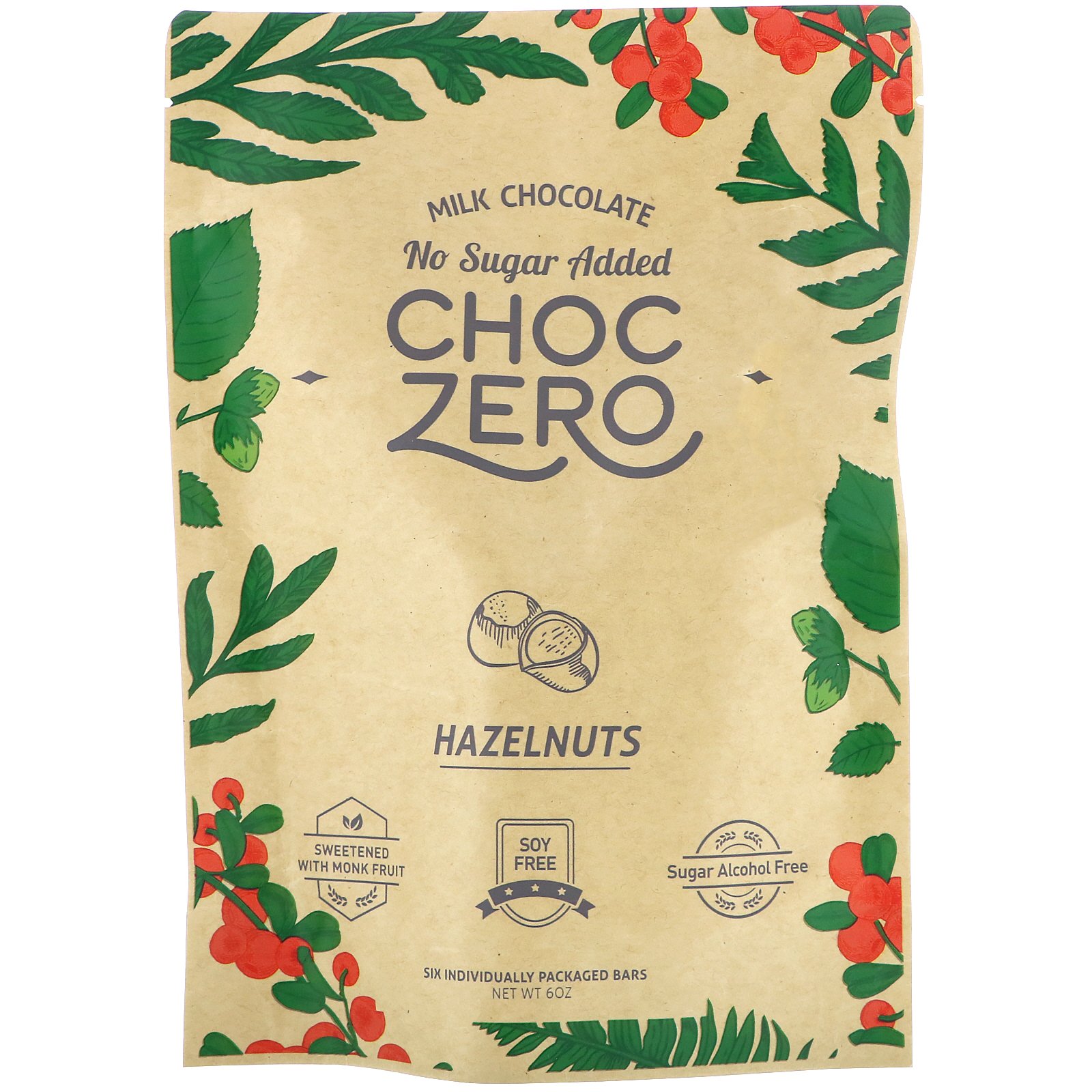 ChocZero, Milk Chocolate, Hazelnuts, No Sugar Added, 6 Bars, 1 oz Each