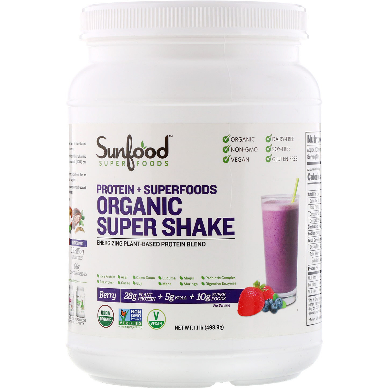 Sunfood, Protein + Superfoods, Organic Super Shake, Berry, 1.1 lb (498.9 g)