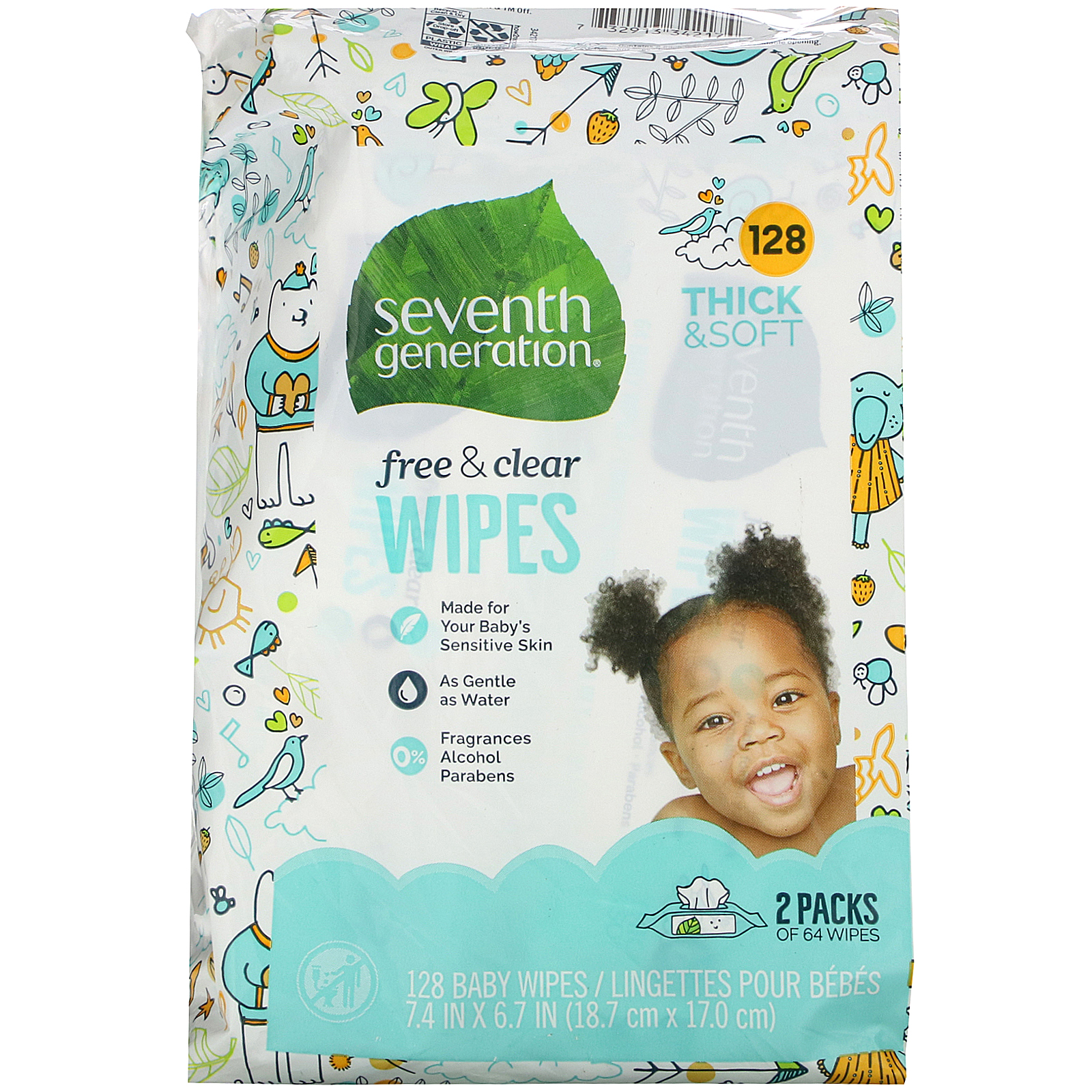 Seventh Generation, Baby, Free &amp; Clear Wipes, Unscented, 2 Pack, 64 Wipes Each