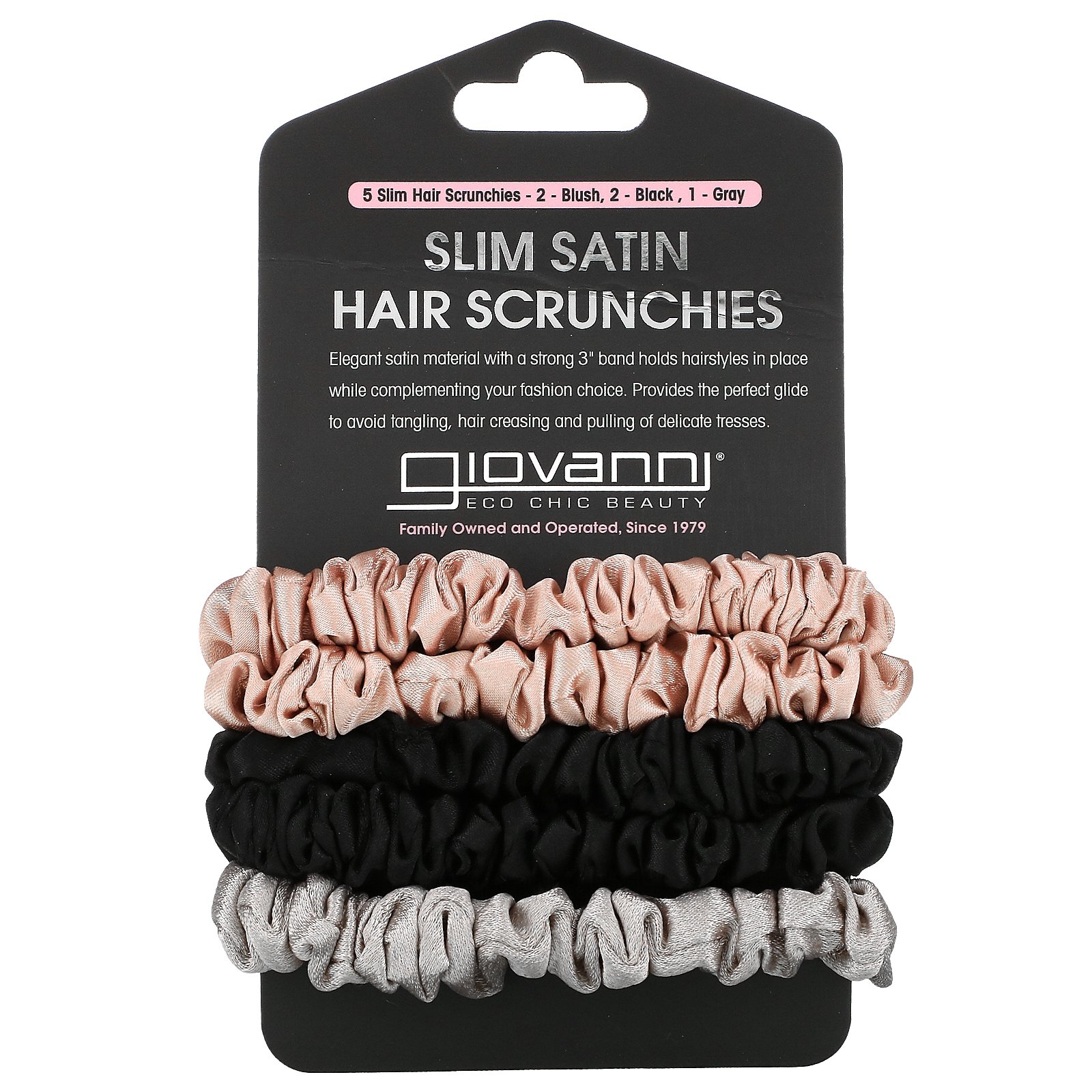 Giovanni, Slim Satin Hair Scrunchies, Blush, Black, Gray,  5 Scrunchies