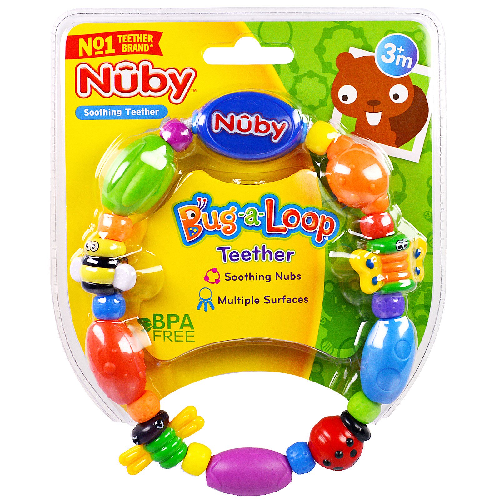 Nuby, Успокаивающий прорезыватель, Bug-а-Loop, 3 + месяцев, 1 шт.