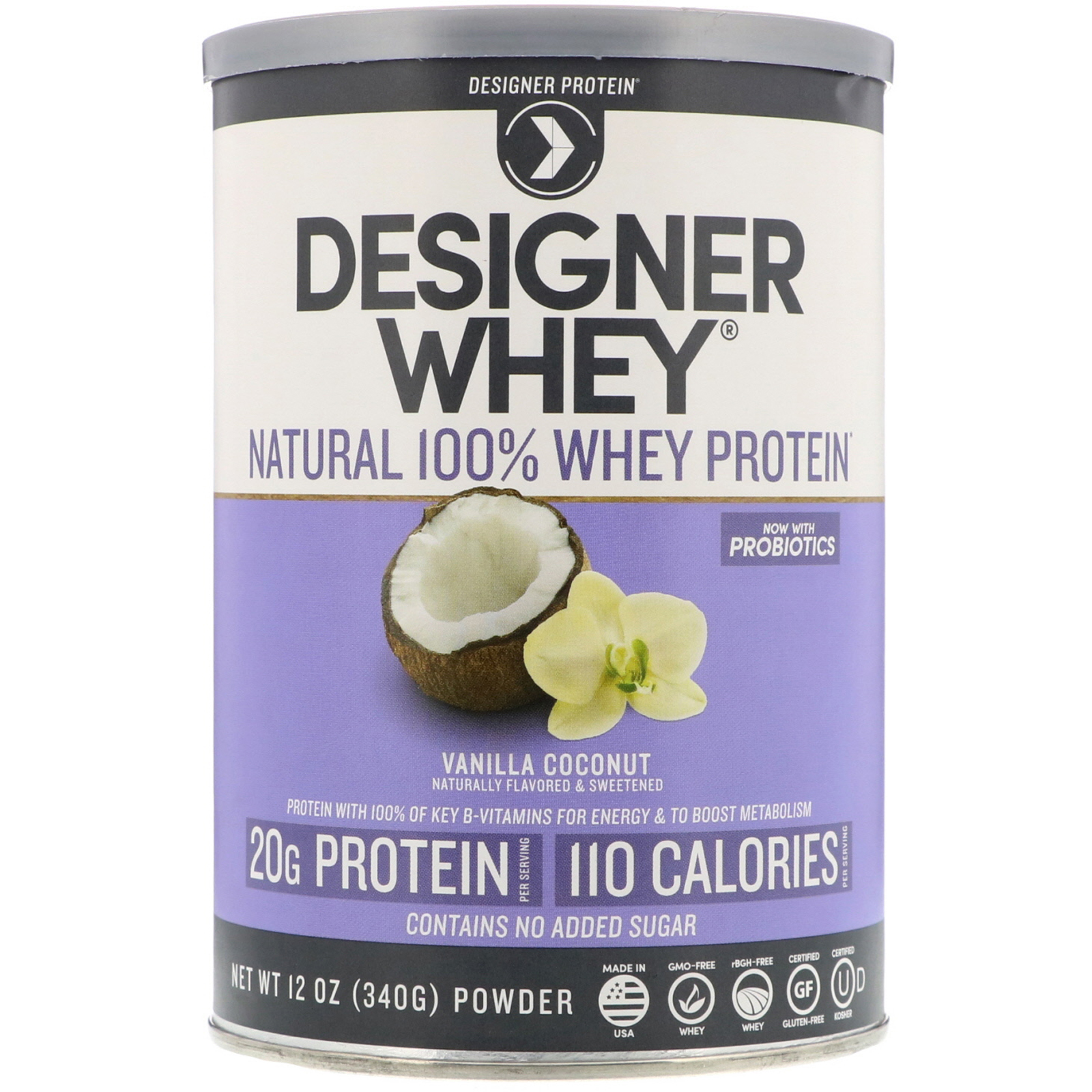 Designer Protein, Designer Whey, натуральный 100% сывороточный протеин, со вкусом ванили и кокоса, 12 унц. (340 г) (Discontinued Item)