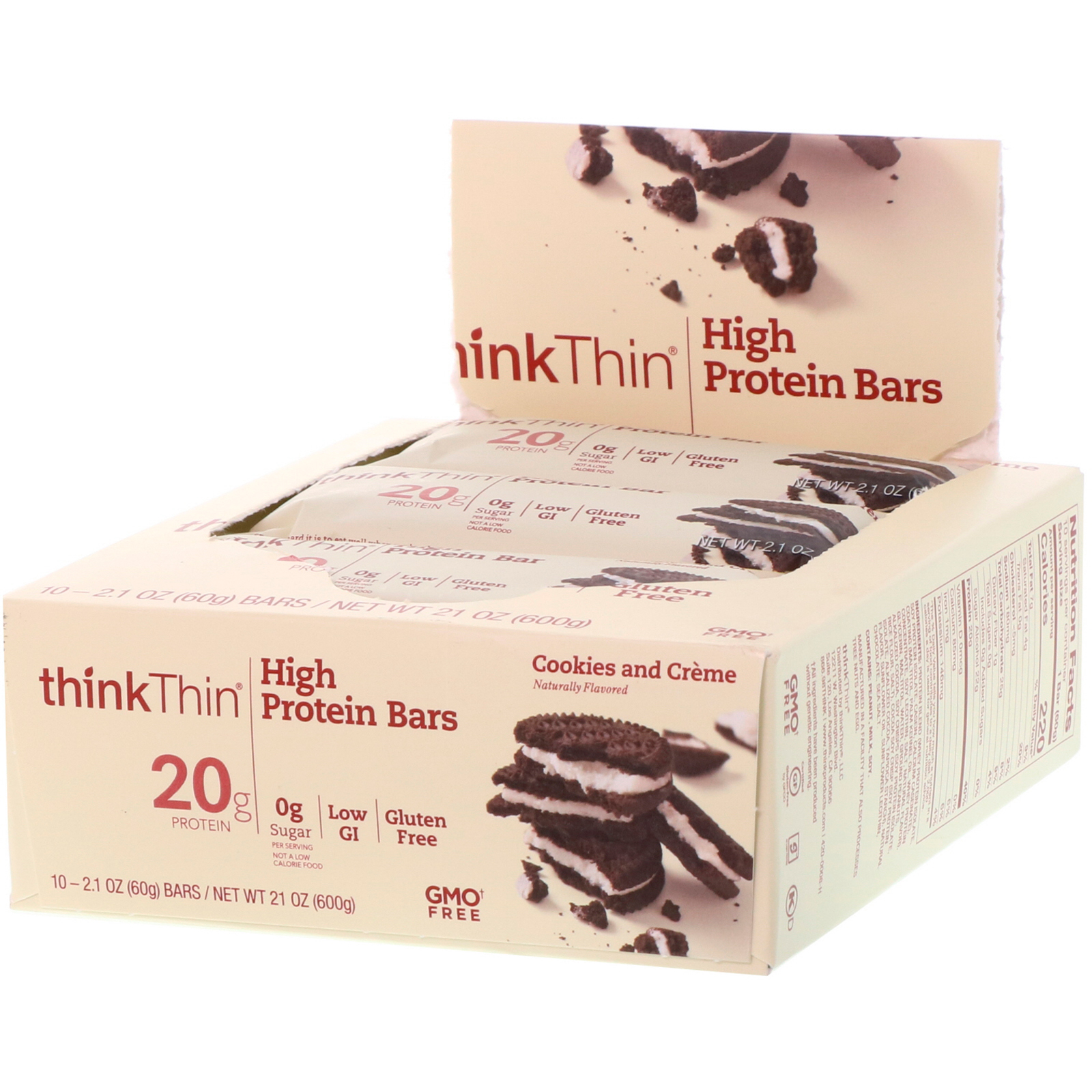 ThinkThin, Насыщенный протеином батончик, печенье и сливки, 10 батончиков, 2,1 унц. (60 г) каждый