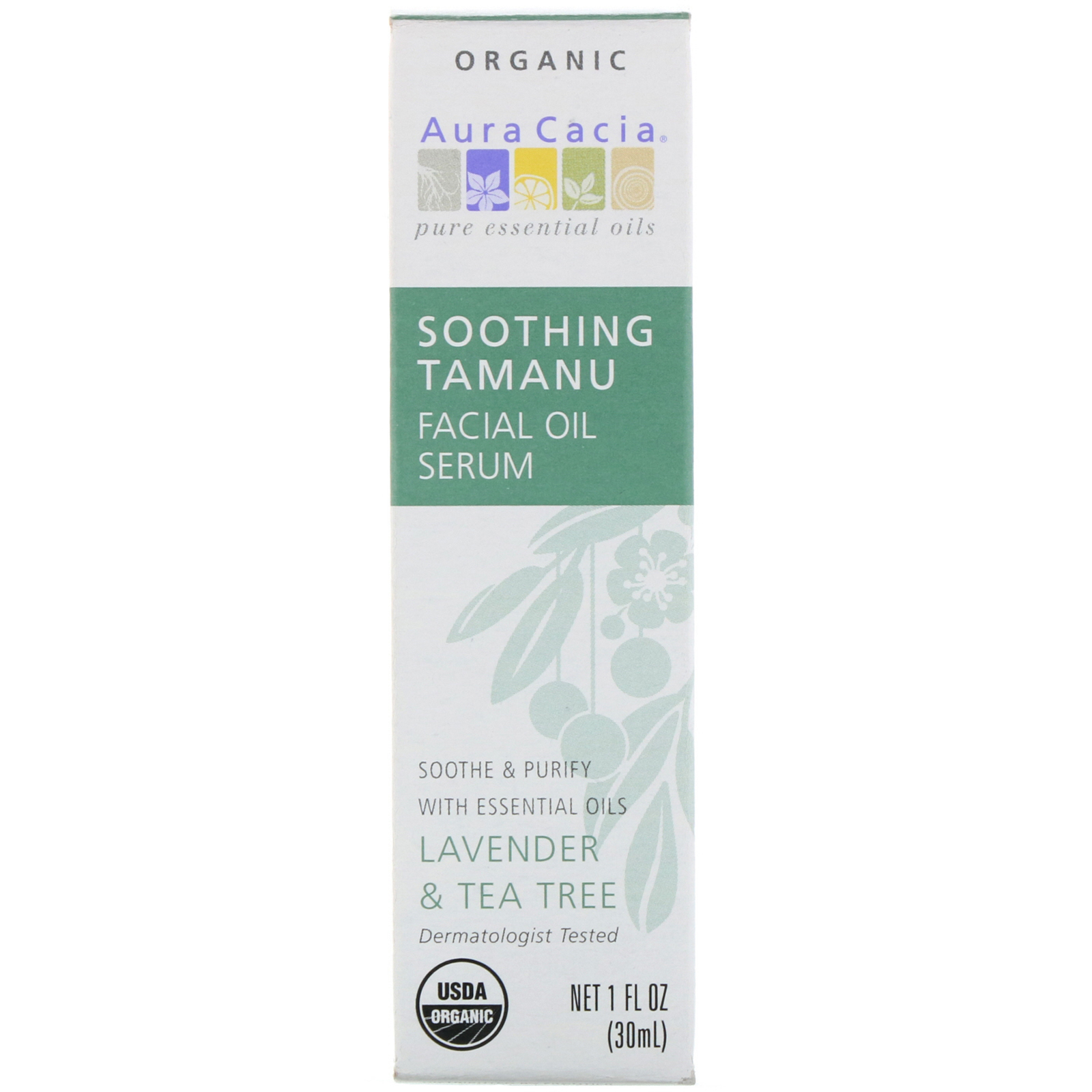 Aura Cacia, Organic Soothing Tamanu Facial Oil Serum, Lavender &amp; Tea Tree, 1 fl oz (30 ml)
