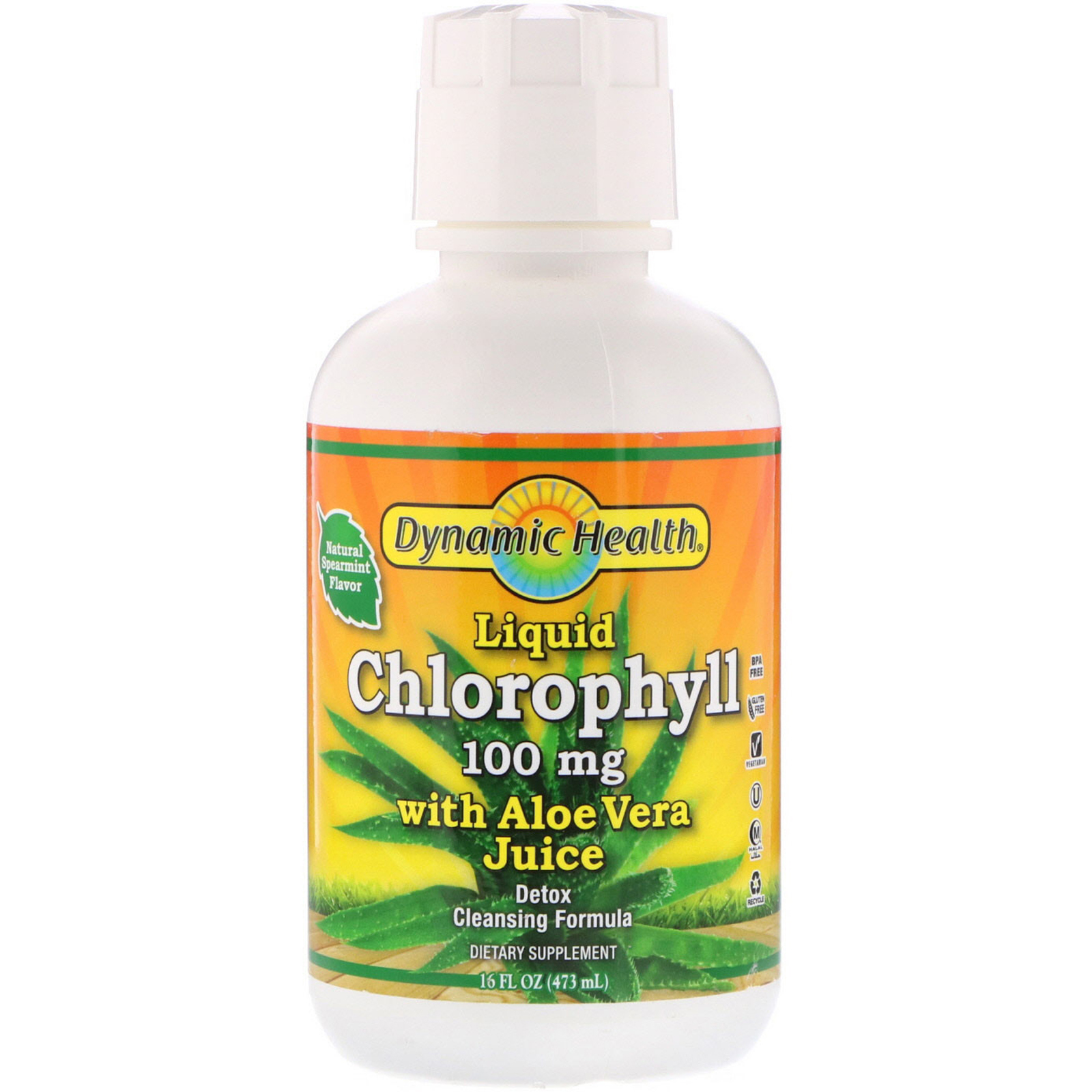 Dynamic Health  Laboratories, Chlorophyll with Aloe Vera Juice Liquid, Natural Spearmint Flavor, 100 mg, 16 fl oz (473 ml) (Discontinued Item)