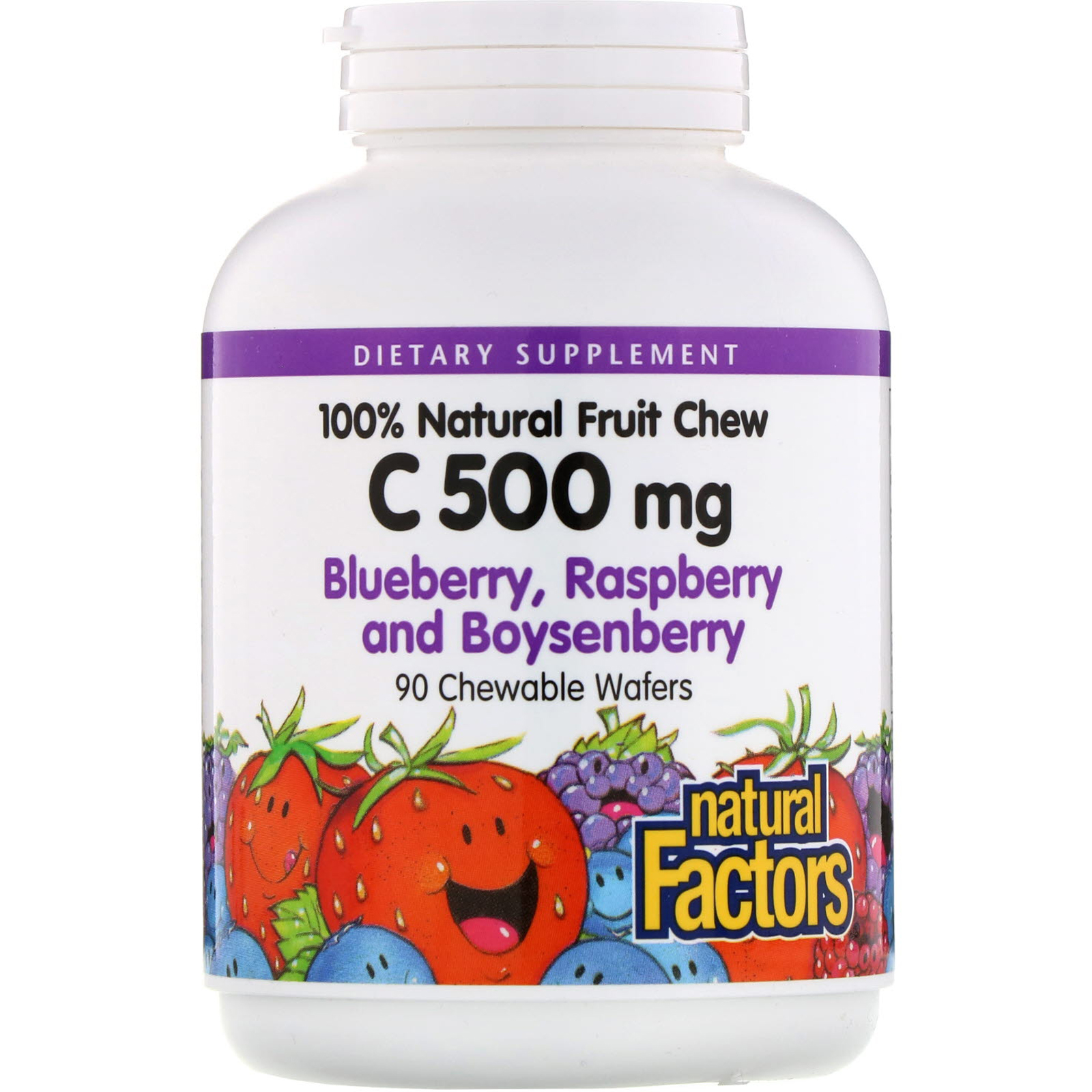 Natural Factors, 100% Natural Fruit Chew, C 500 mg, Blueberry, Raspberry and Boysenberry, 90 Chewable Wafers