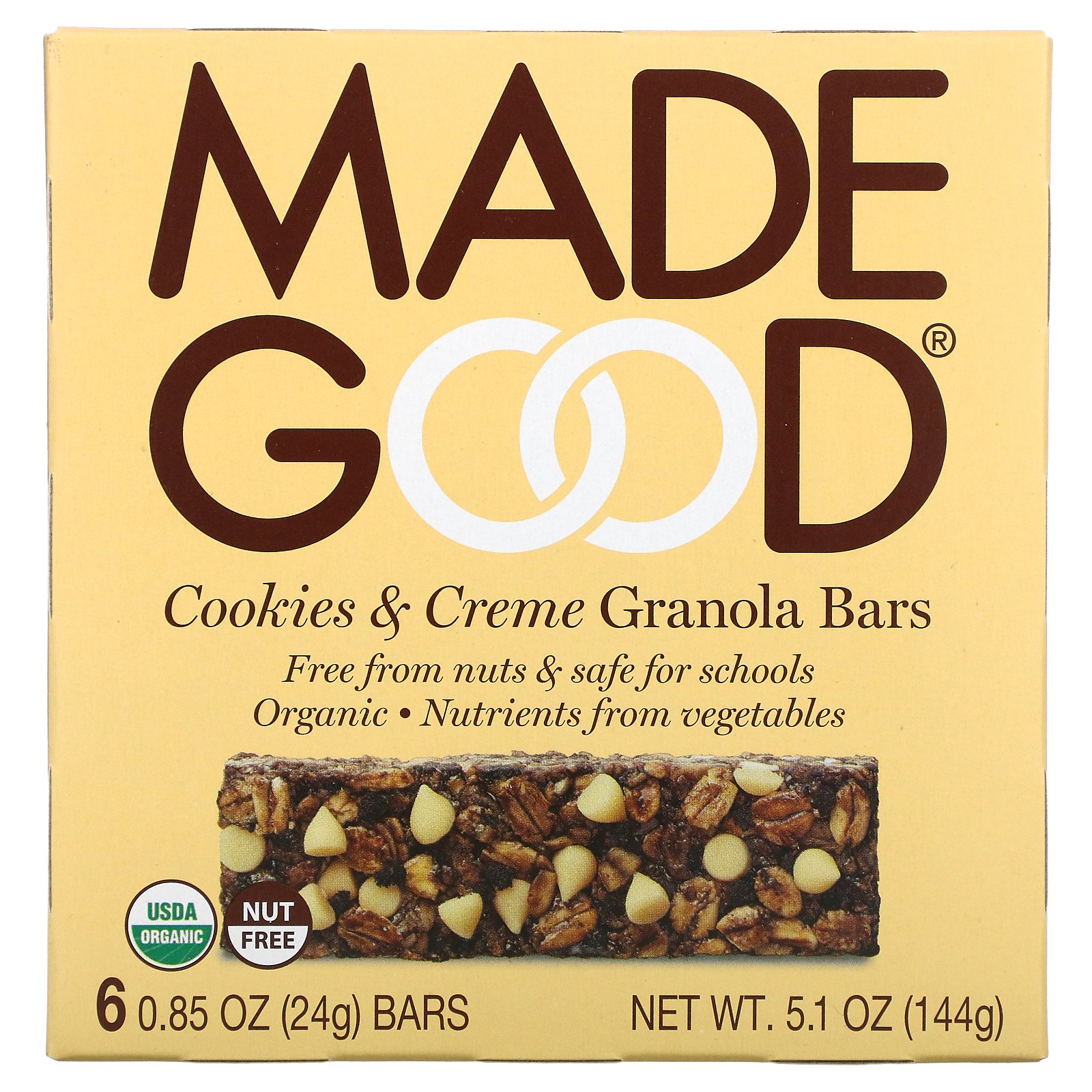 MadeGood, Granola Bar, Cookies &amp; Crème, 6 Bars, 0.85 oz (24 g) Each