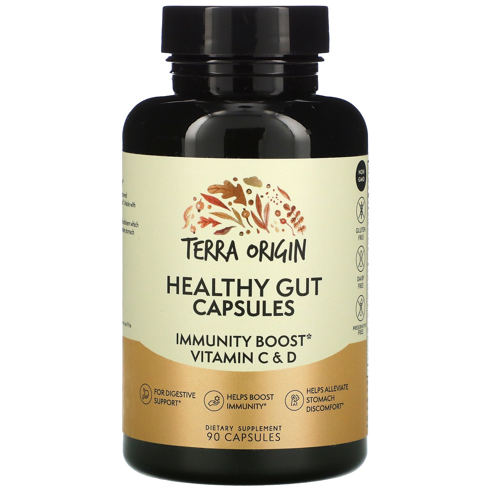 Terra Origin, Healthy Gut Capsules with Immunity Boost Vitamin C &amp; D, 90 Capsules