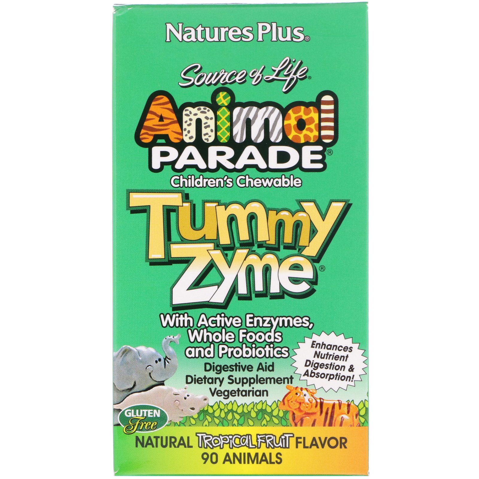 Nature's Plus, Source of Life, Animal Parade, детские жевательные конфеты Tummy Zyme, со вкусом природных тропических фруктов, 90 конфет