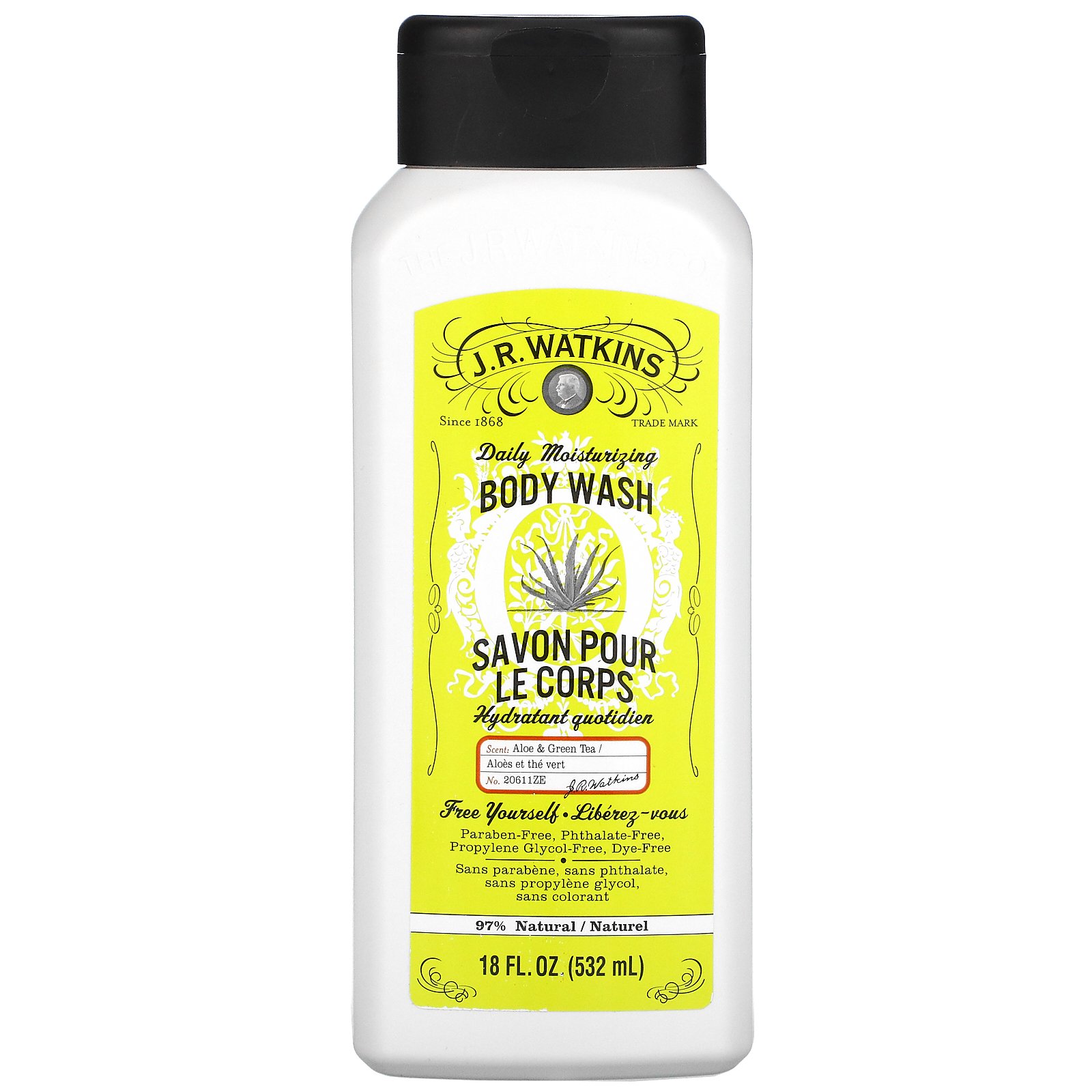 J R Watkins, Daily Moisturizing Body Wash, Aloe &amp; Green Tea, 18 fl oz (532 ml)