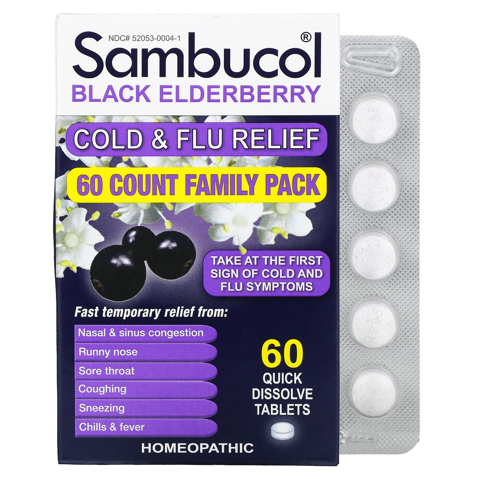 Sambucol, Black Elderberry, Cold &amp; Flu Relief, Family Pack, 60 Quick Dissolve Tablets