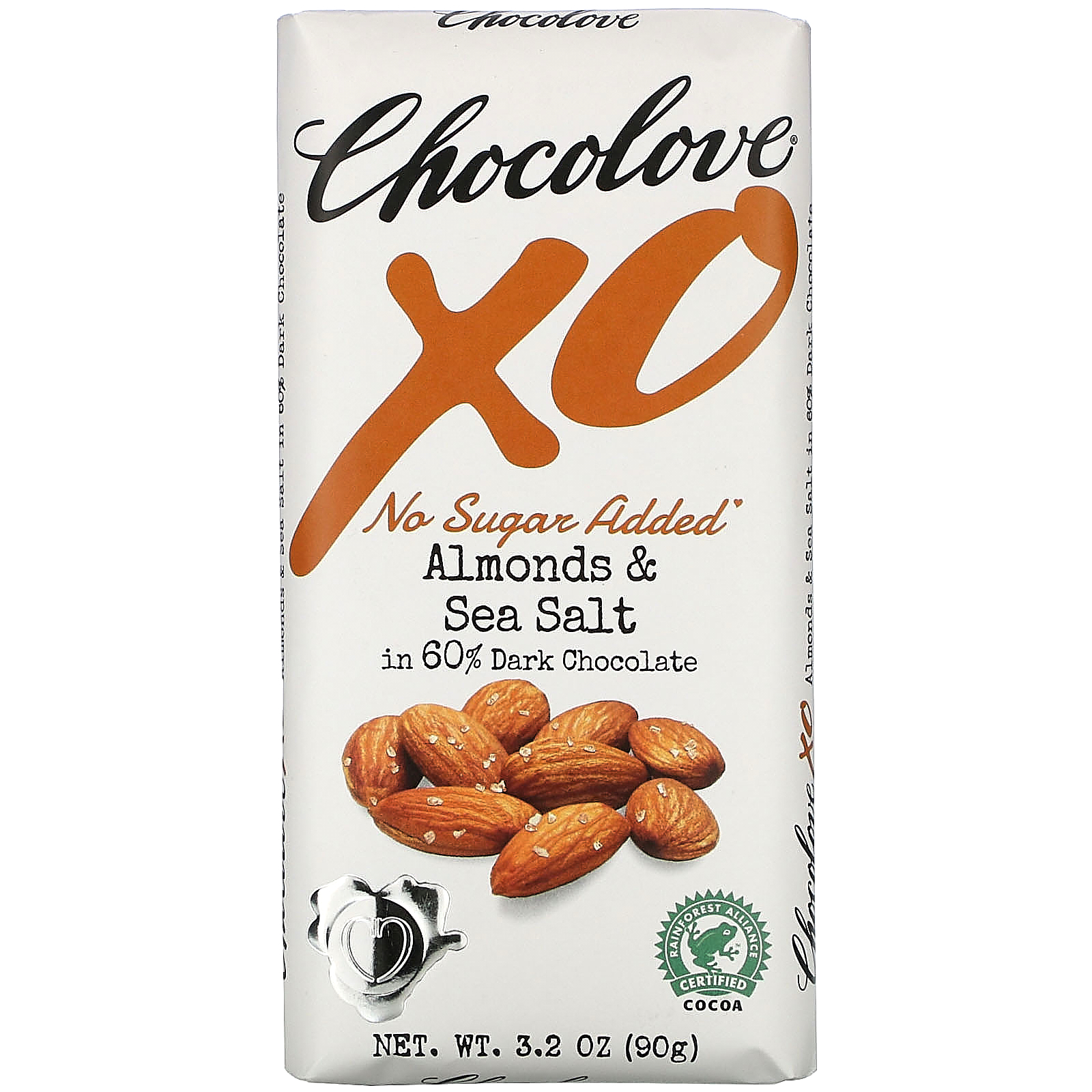 Chocolove, XO, Almonds &amp; Sea Salt in 60% Dark Chocolate Bar,  3.2 oz (90 g)