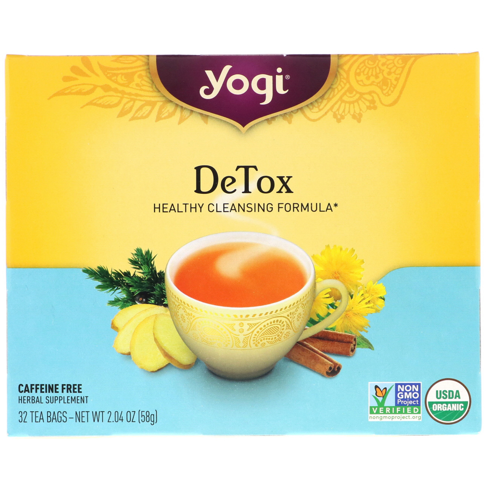 Yogi Tea, Детокс, без кофеина, 32 чайных пакетика по 2,04 унц. (58 г)