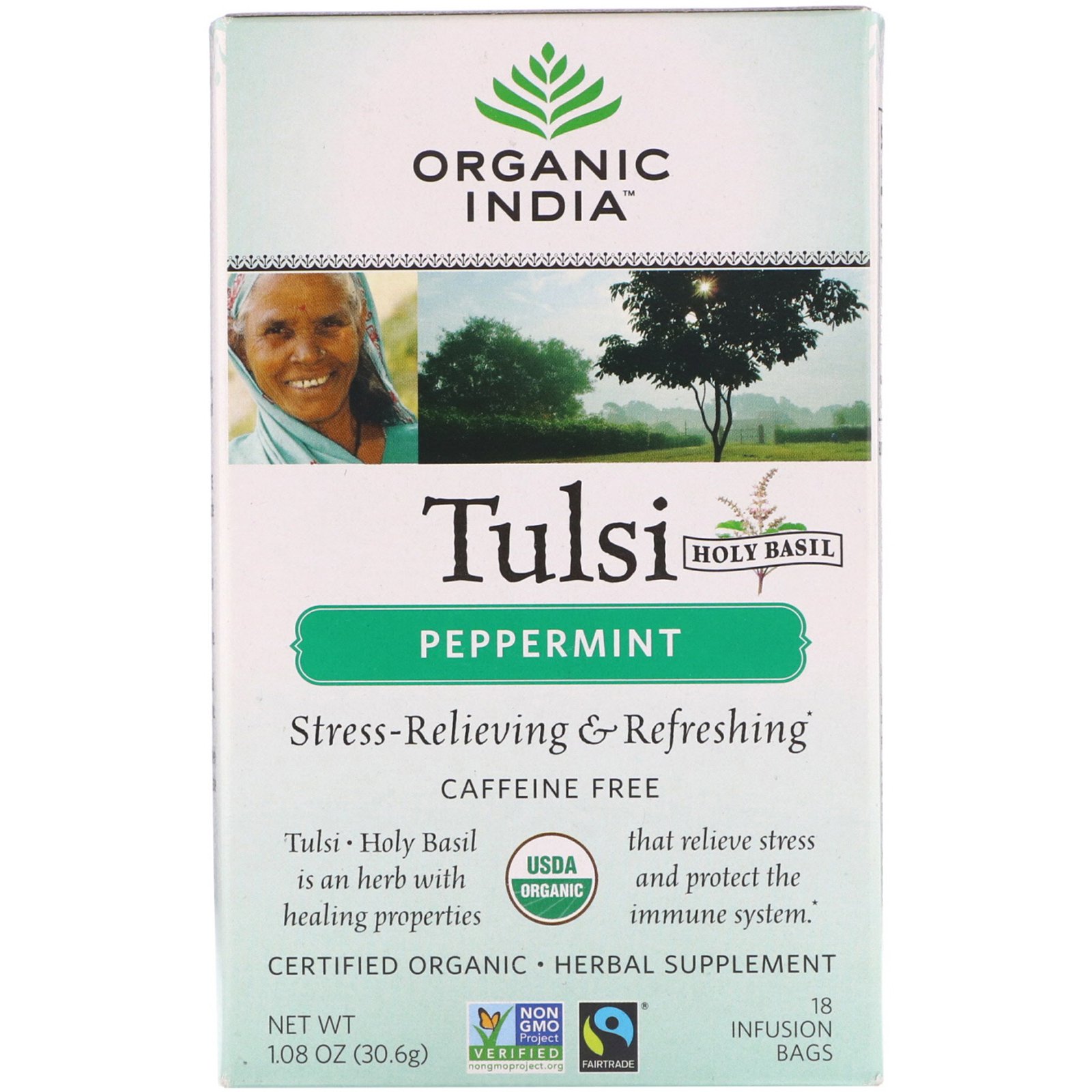 Organic India, Tulsi Tea, Peppermint, Caffeine-Free, 18 Tea Bags, 1.08 oz (30.6 g)