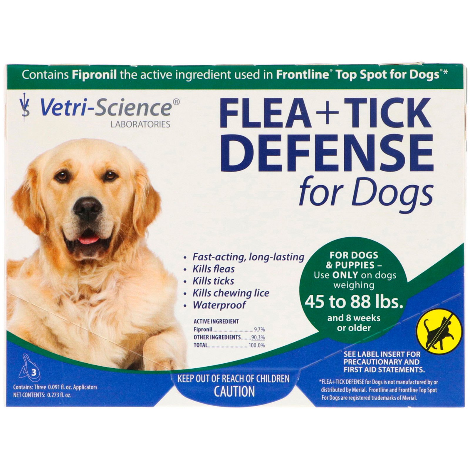 Vetri-Science, Flea + Tick Defense for Dogs 45-88 lbs., 3 Applicators, 0.091 fl oz Each