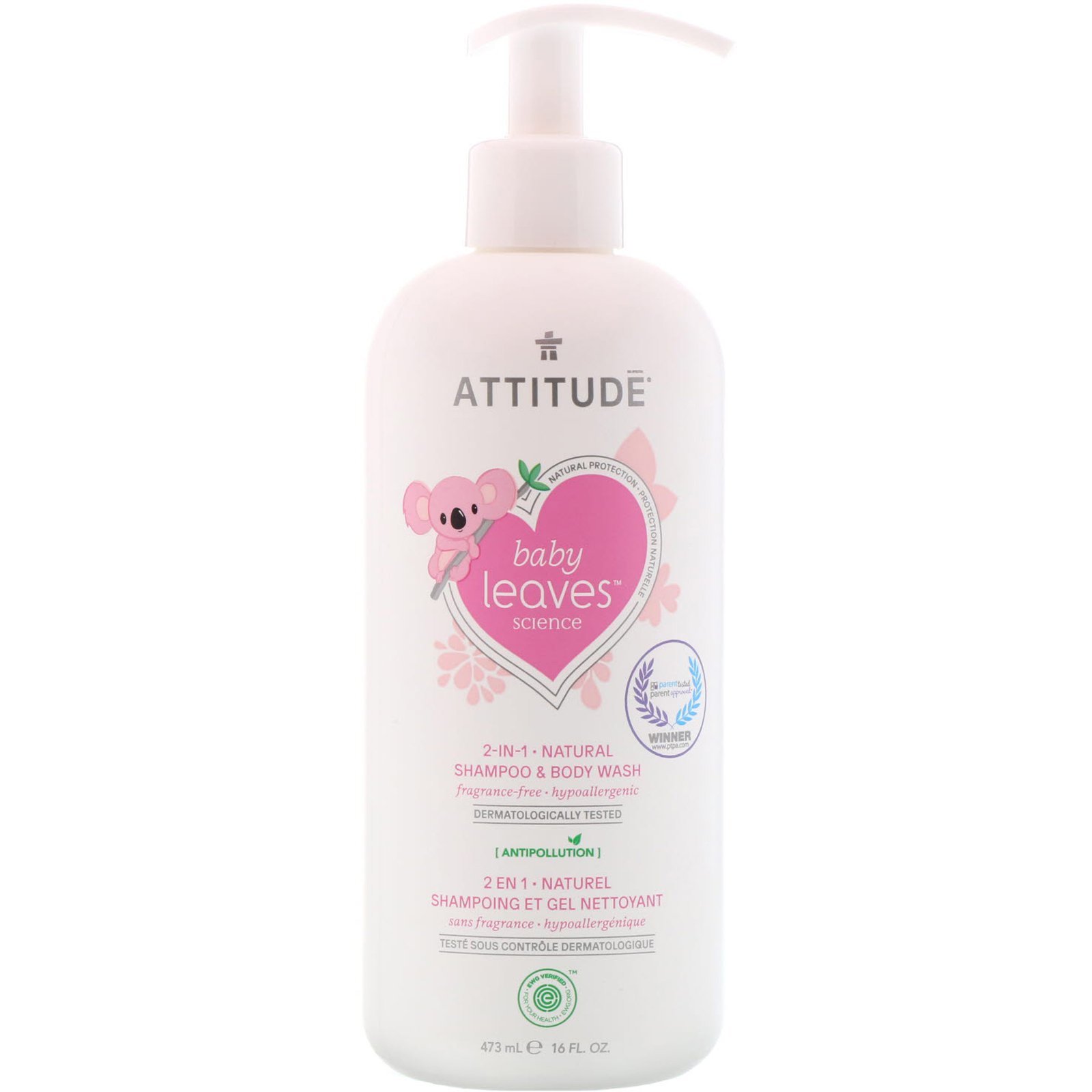 ATTITUDE, Baby Leaves Science, 2-In-1 Natural Shampoo &amp; Body Wash, Fragance-Free, 16 fl oz (473 ml)