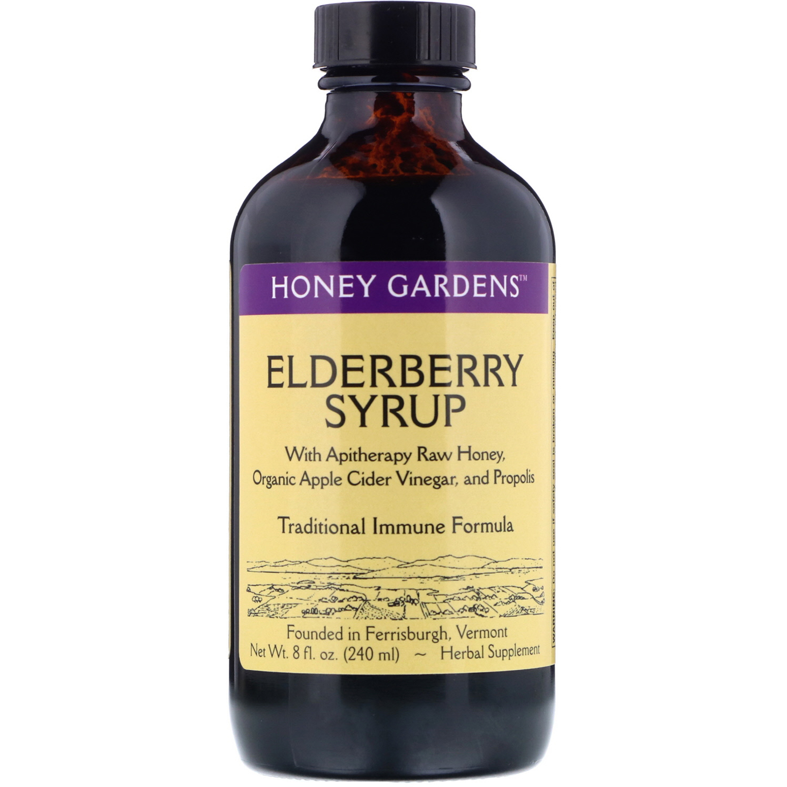 Honey Gardens, Elderyberry Syrup with Apitherapy Raw Honey, Organic Apple Cider Vinegar, and Propolis, 8 fl oz (240 ml)