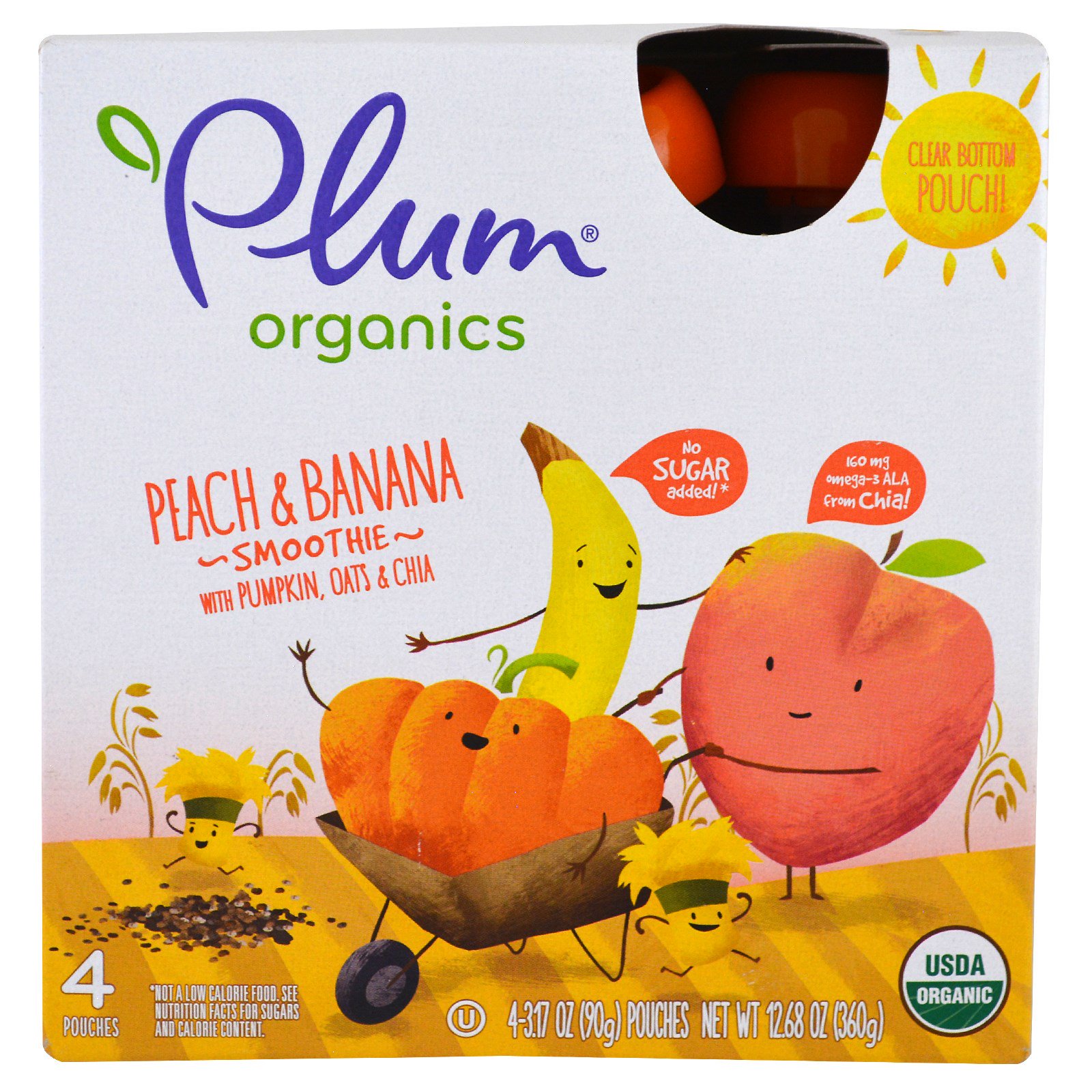 Plum Organics, Смуззи, Персик и банан, Тыква, Овсяные хлопья и чиа, упаковка из 4 штук по 3,17 унции (90 г) в каждой