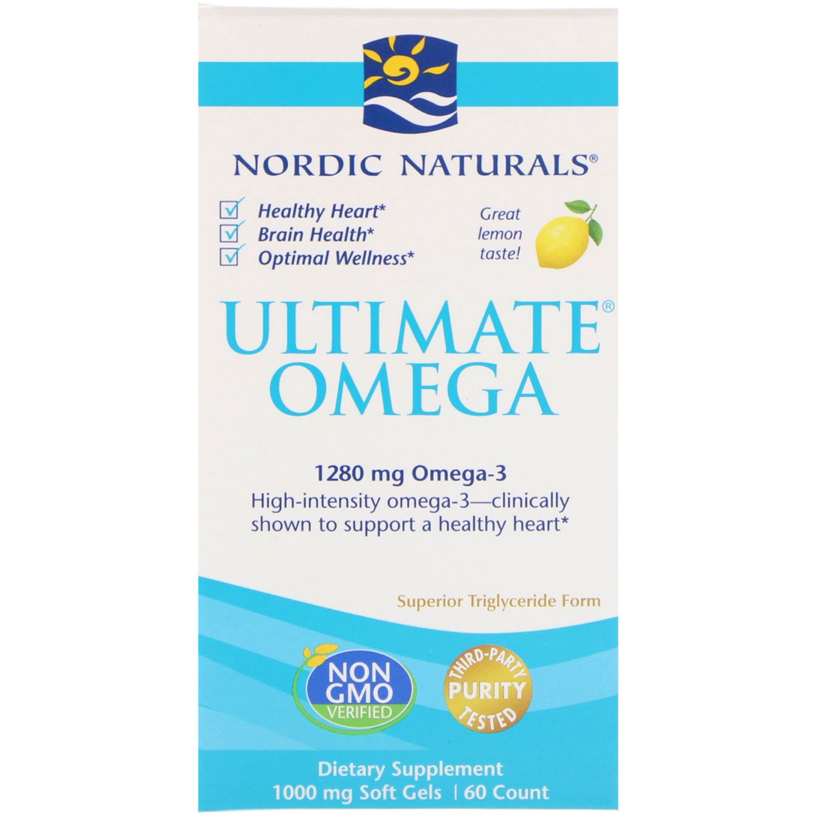 Nordic Naturals, Ultimate Omega, со вкусом лимона, 1,280  мг, 60 желатиновых капсул
