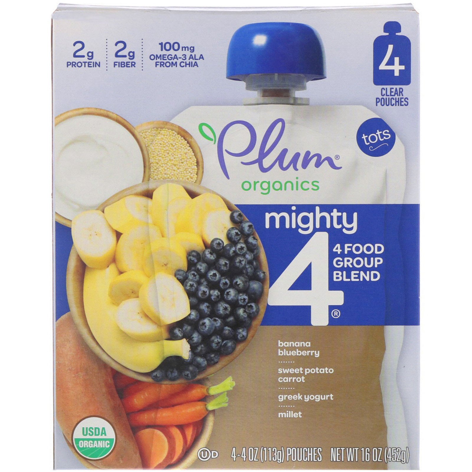 Plum Organics, Tots, Mighty 4, 4 Food Group Blend, Banana, Blueberry, Sweet Potato, Carrot, Greek Yogurt, Millet, 4  Pack, 4 oz (113 g) Each