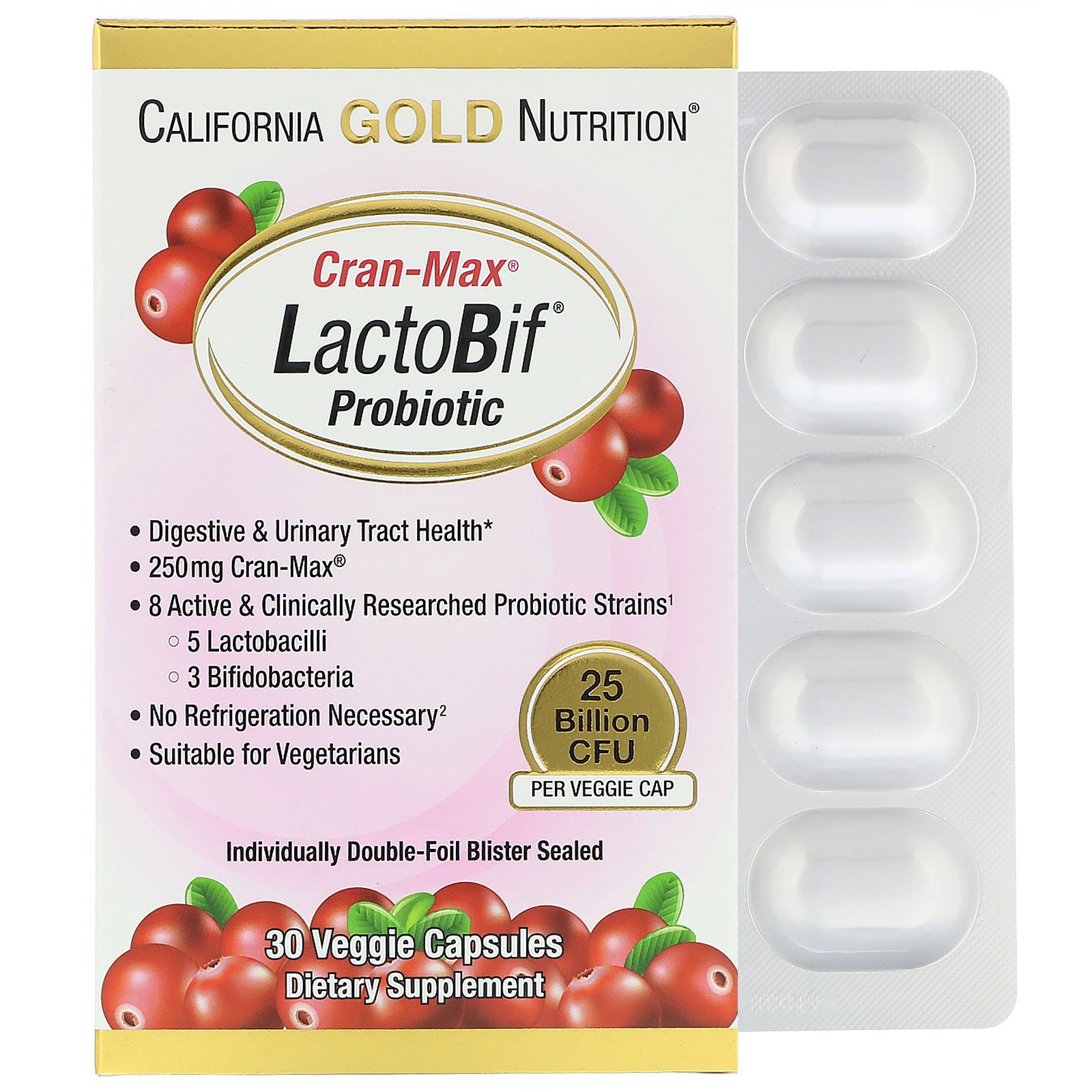 California Gold Nutrition, Пробиотики Lactobif, Cran-Max, 25 млрд КОЕ, 30 растительных капсул