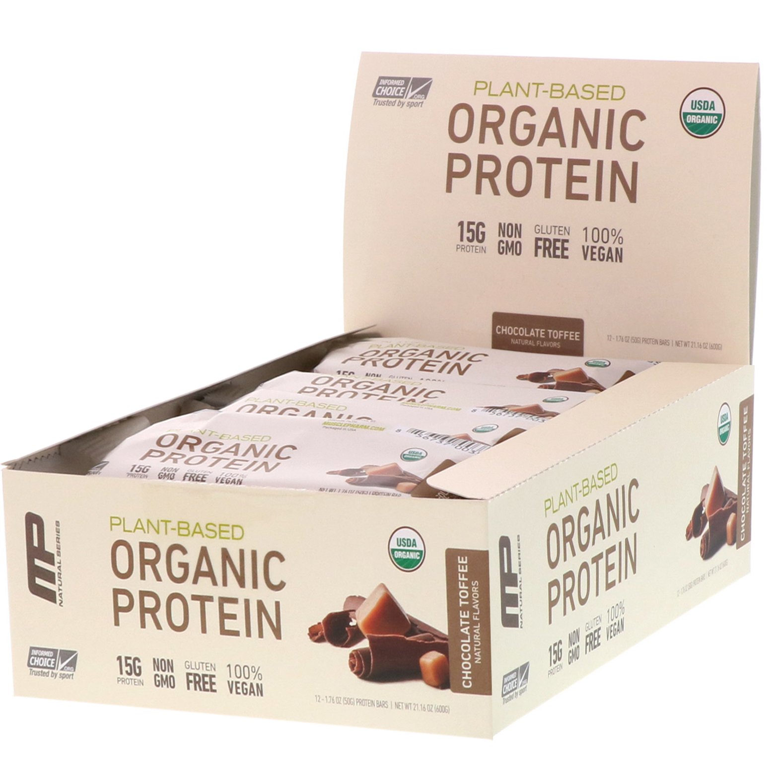 MusclePharm Natural, Natural Series, органический протеиновый батончик растительного происхождения, шоколад и тоффи, 12 баточников, 1,76 унц. (50 г) каждый