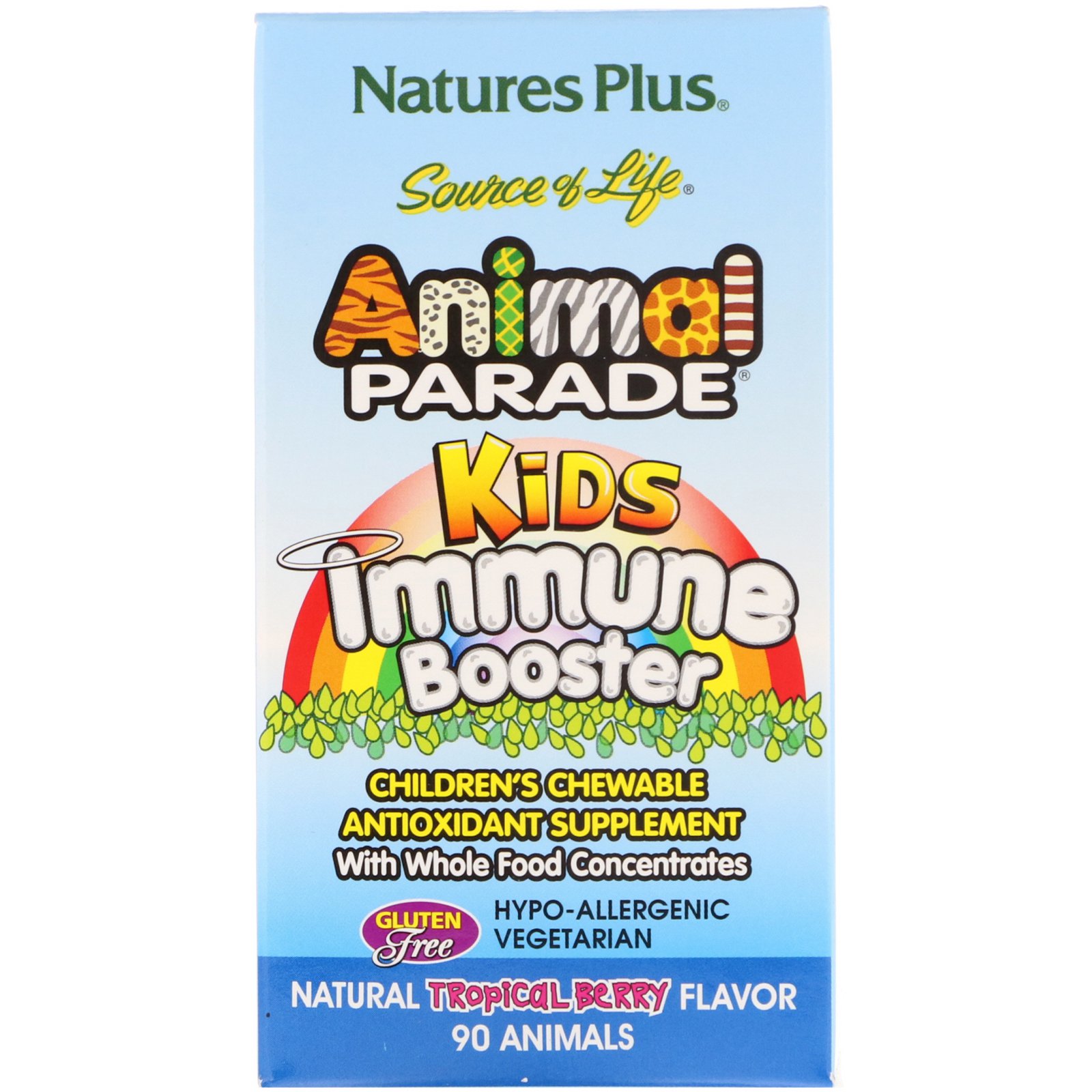Nature's Plus, Source of Life, Animal Parade, укрепление детского иммунитета, вкус натуральных тропических ягод, 90 животных