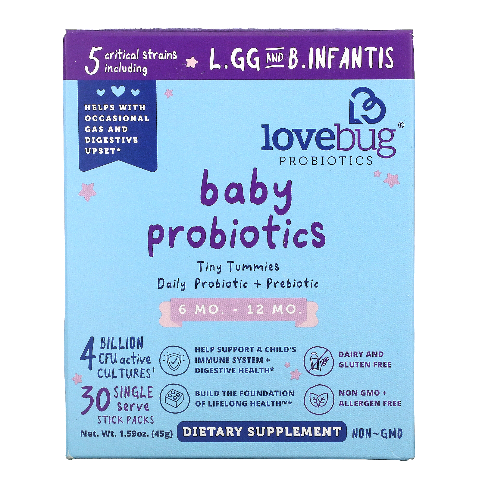 LoveBug, Baby Probiotics, Tiny Tummies Daily Probiotic + Prebiotic, 6 Mo-12 Mo, 30 Single Serve Stick Packs, 1.59 oz ( 45 g)