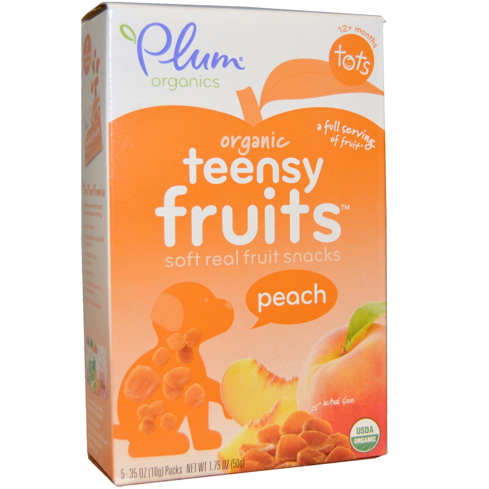 Plum Organics, Tots, фруктовые кусочки, персик, 5 упаковок, 0,35 унции (10 г) каждая