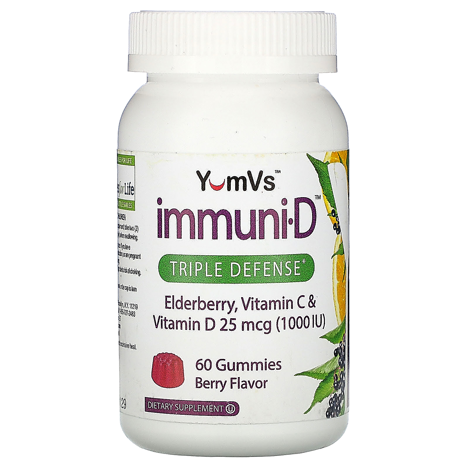 YumV's, Elderberry, Vitamin C &amp; Vitamin D, Triple Defense, Berry Flavor, 25 mcg (1,000 IU), 60 Gummies